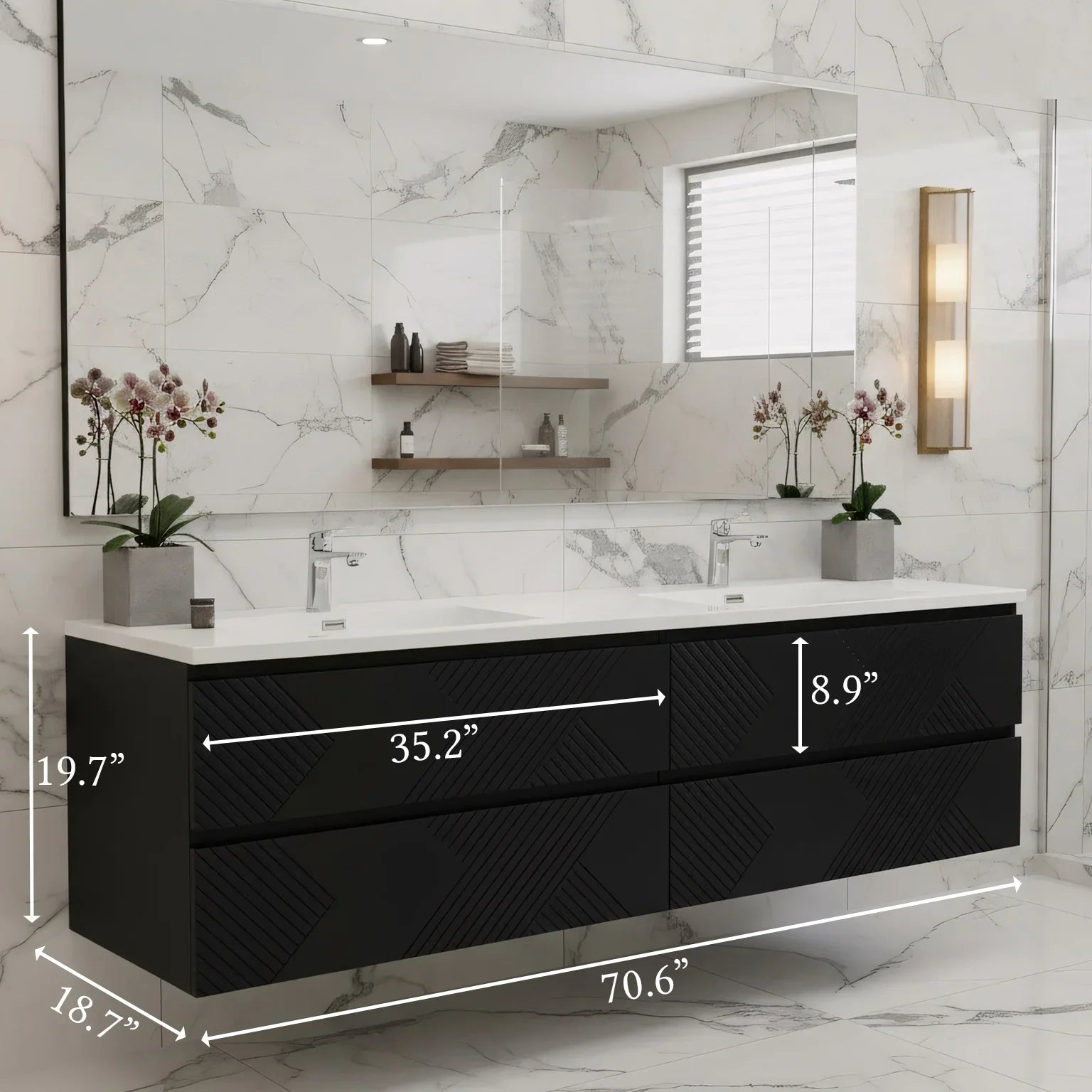 72" Black Wall Mount Double Sink Bathroom Vanity with White Polymarble Countertop