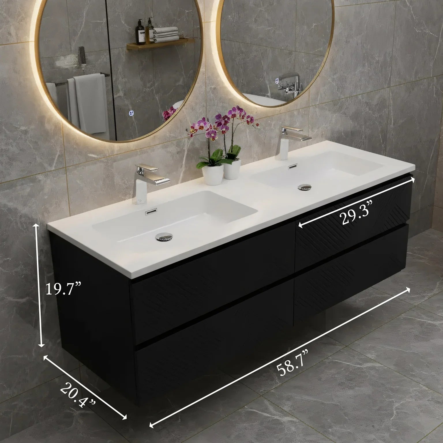 Meuble-lavabo mural noir 60" avec Comptoir en polymarbre blanc