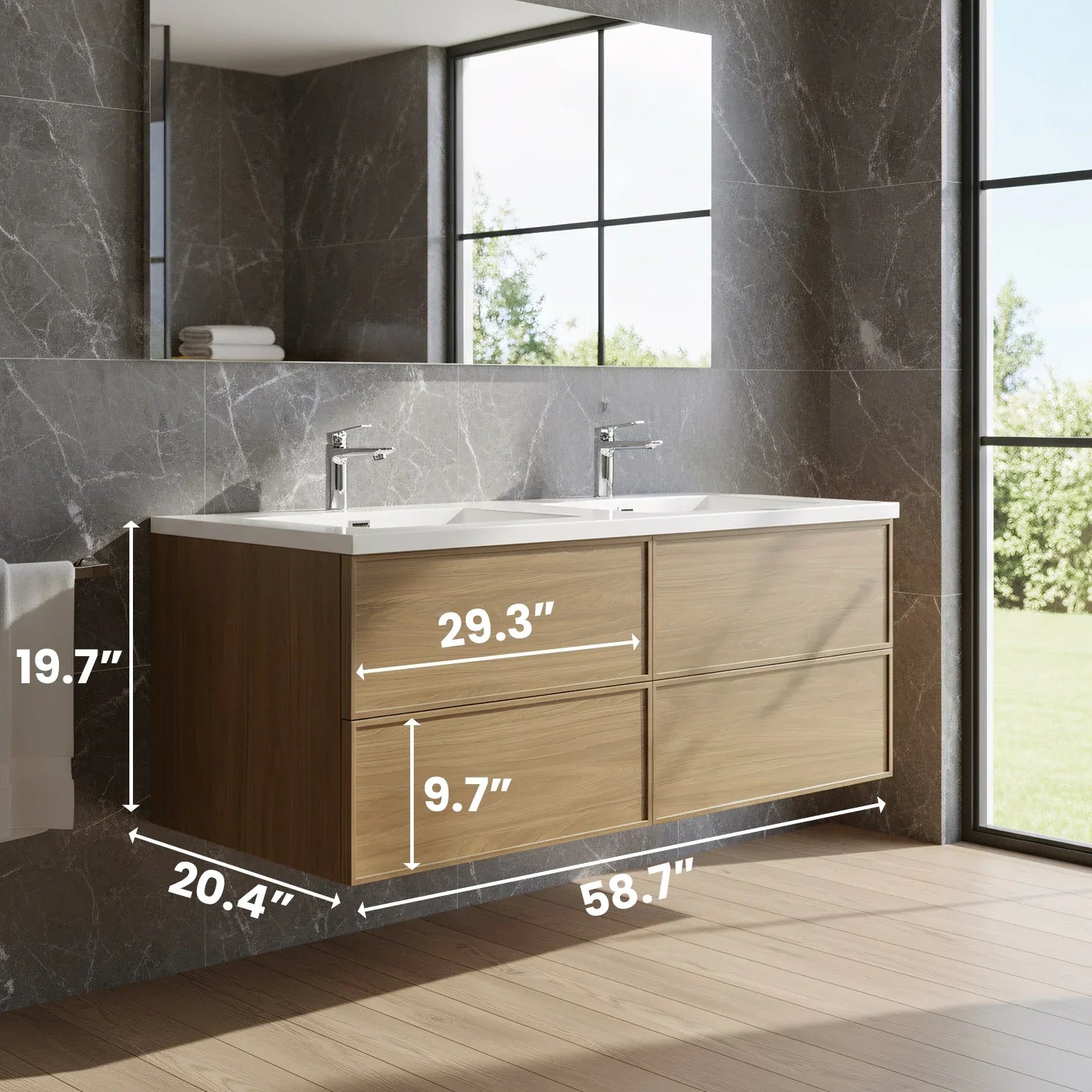 60" Honey Gold Walnut Wall Mount Double Sink Bathroom Vanity with White Polymarble Countertop