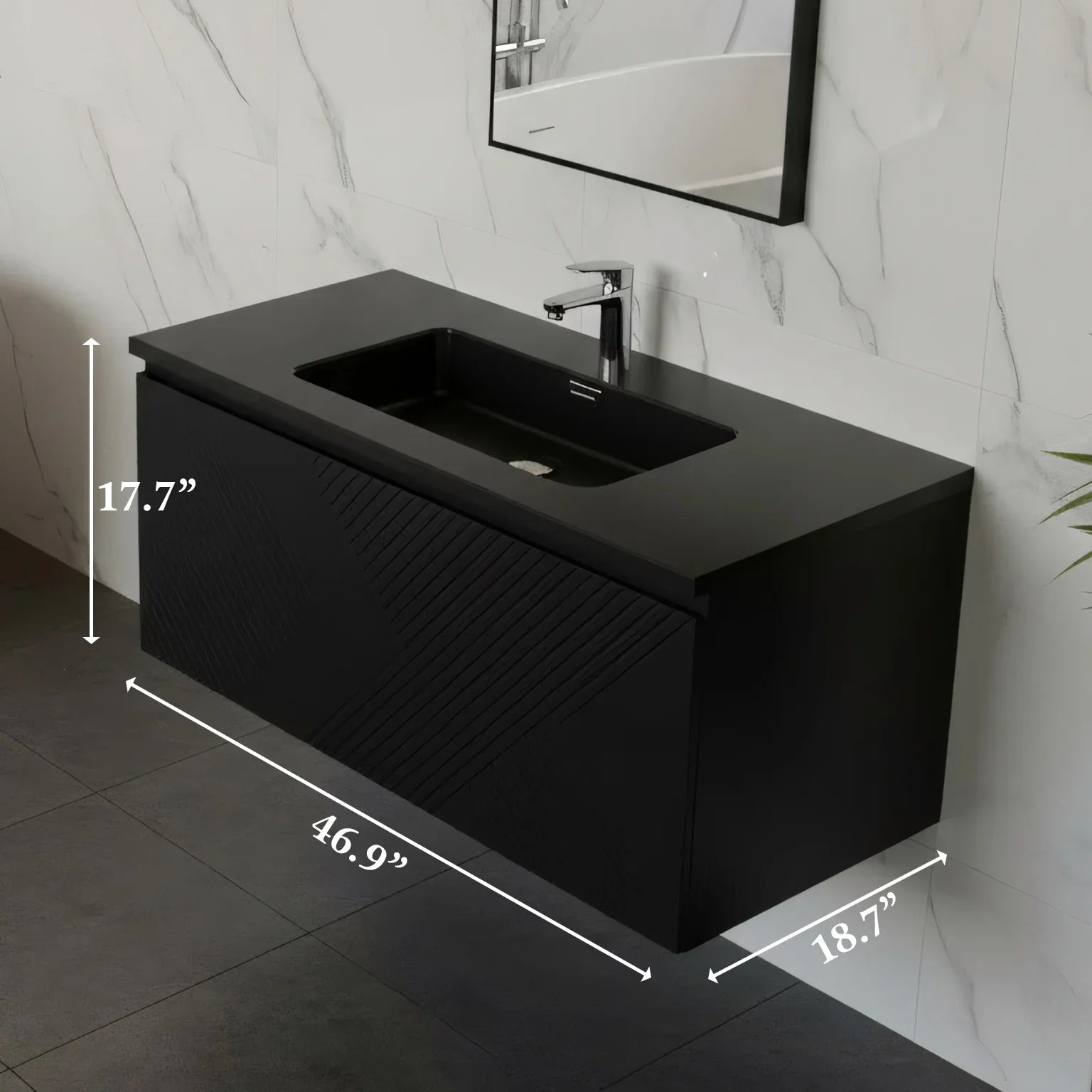 48" Black Wall Mount Bathroom Vanity with Black Engineered Quartz Countertop