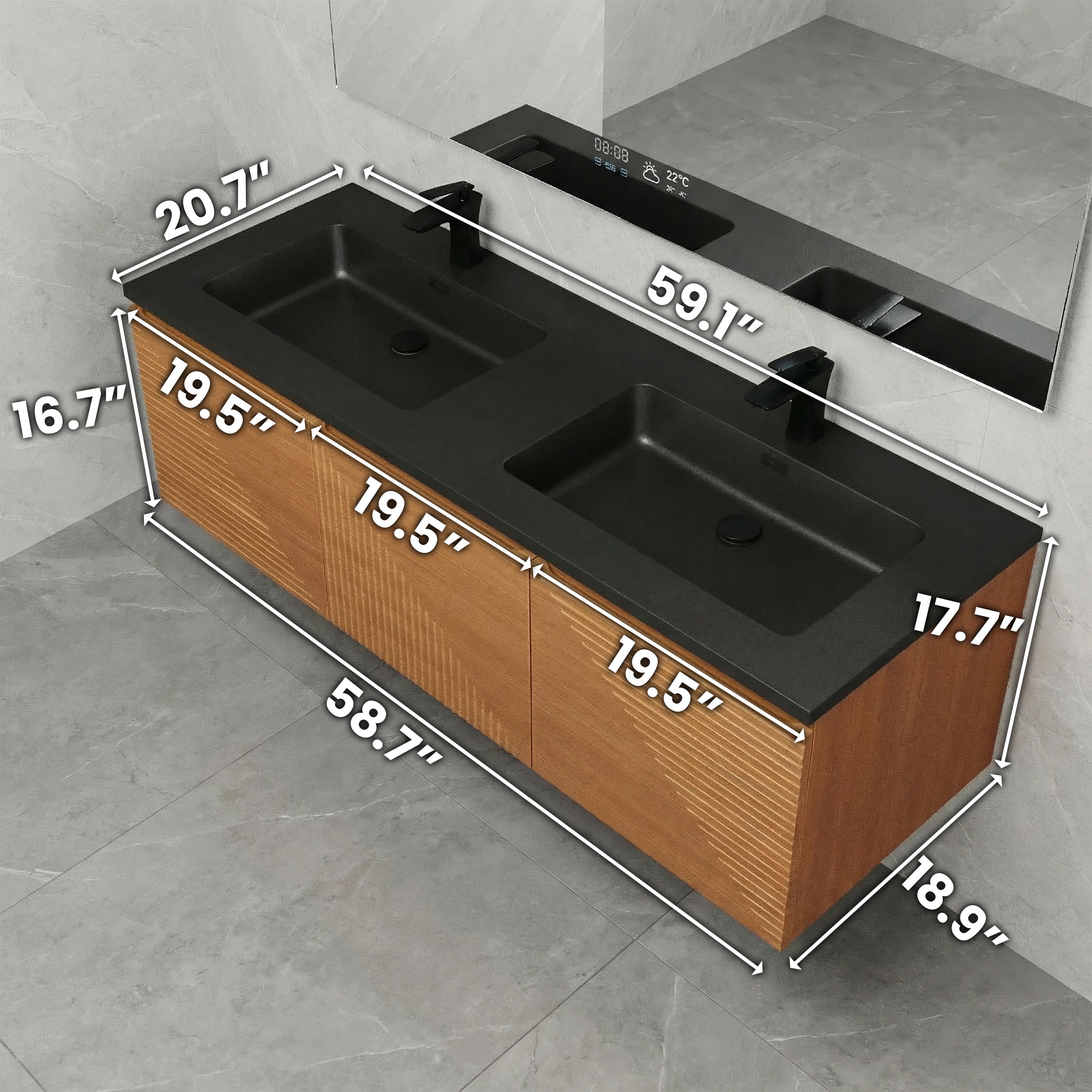 Meuble-Lavabo Mural 60po Chêne Clair avec Comptoir de Quartz d'ingénierie Noir