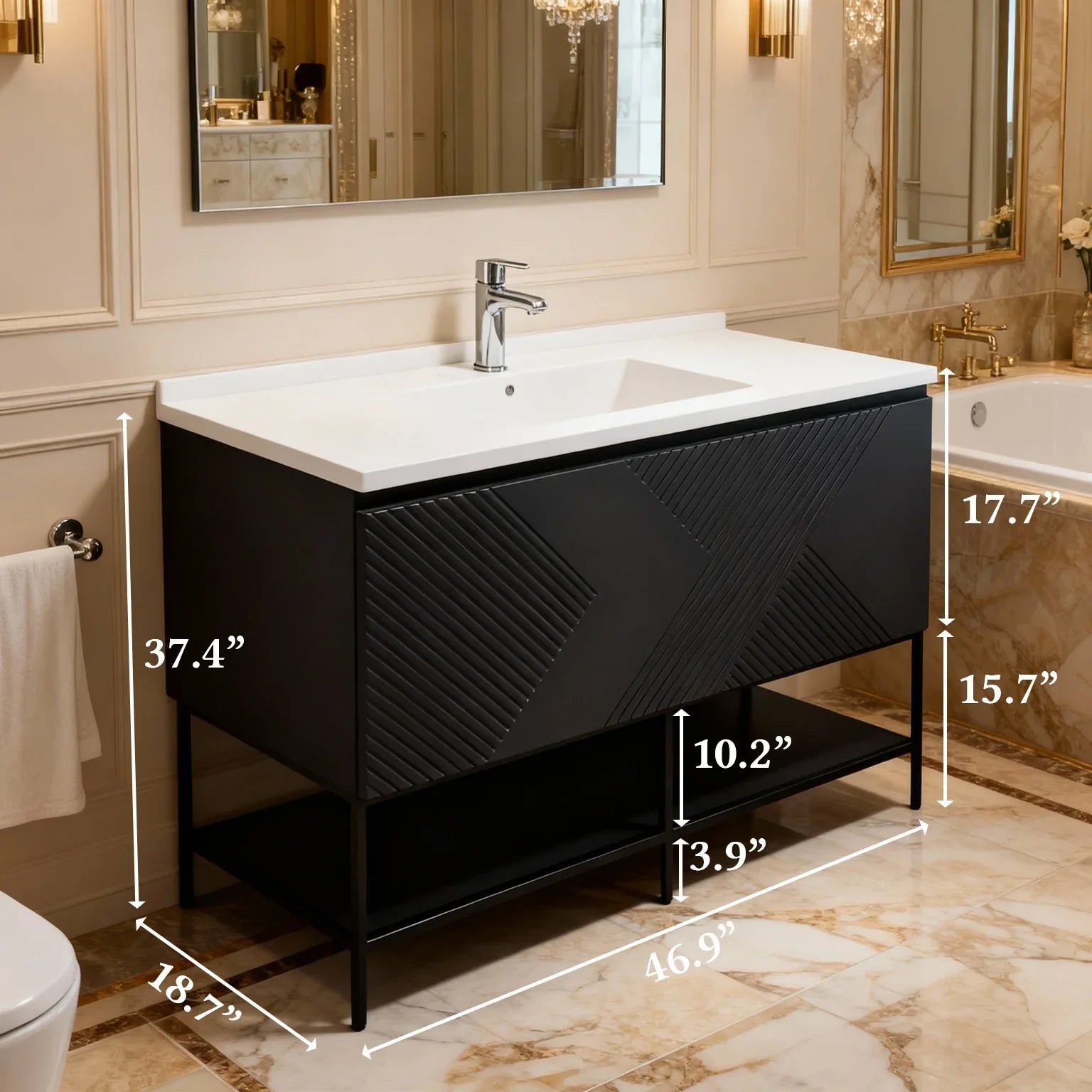48" Black Wall Mount Bathroom Vanity with White Polymarble Countertop