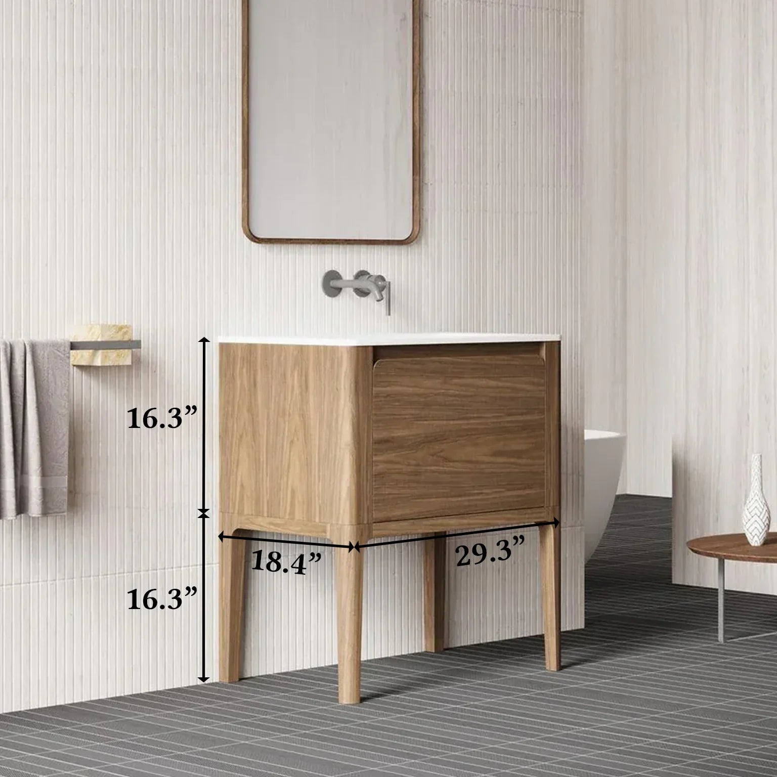 30" Walnut Wall Mount Bathroom Vanity with Matte White Solid Surface Countertop