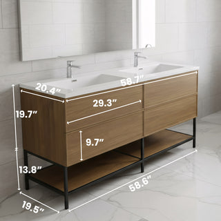Meuble-Lavabo Mural 60po Noyer Miel Doré avec Comptoir de Polymarbre Blanc