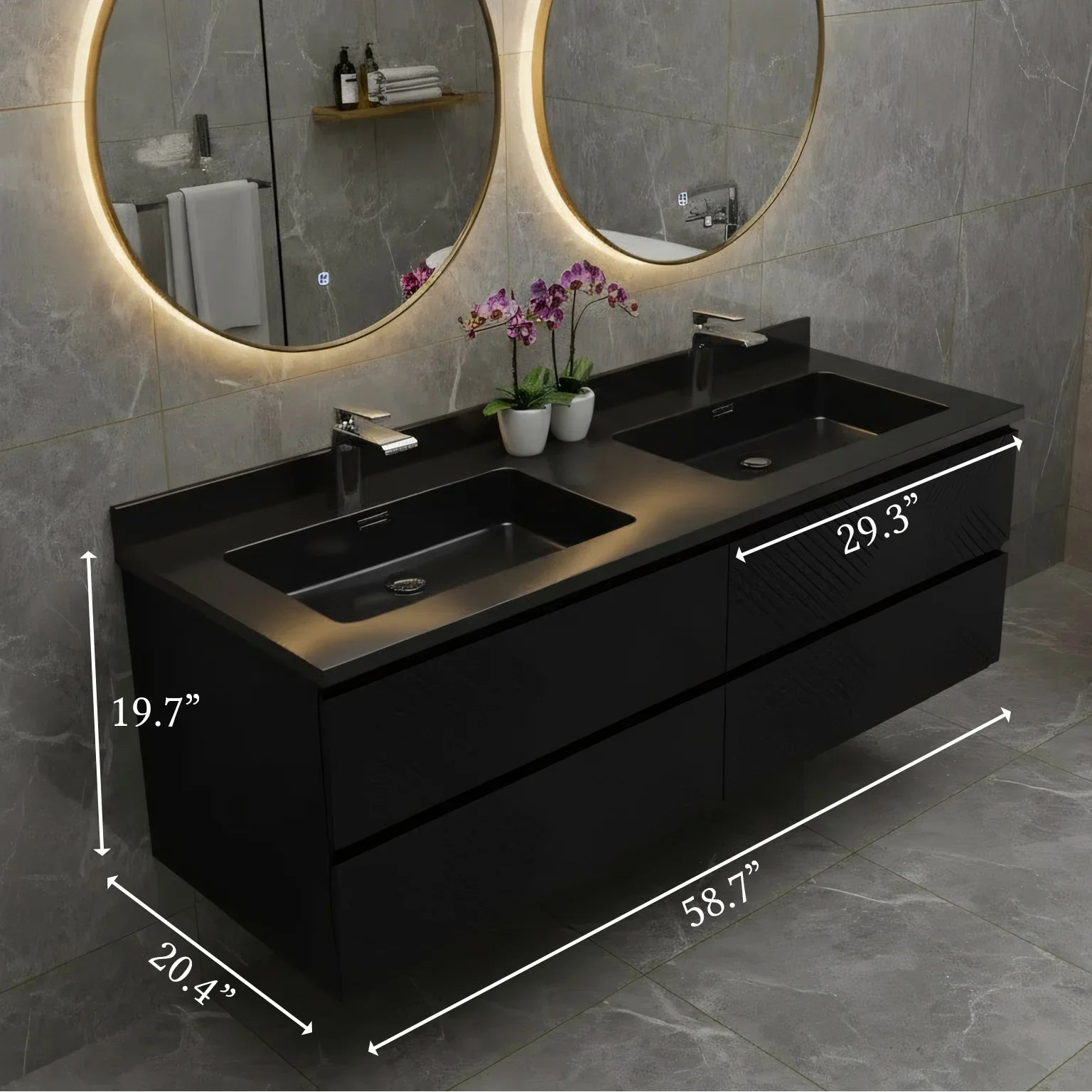 60" Black Wall Mount Bathroom Vanity with Black Engineered Quartz Countertop