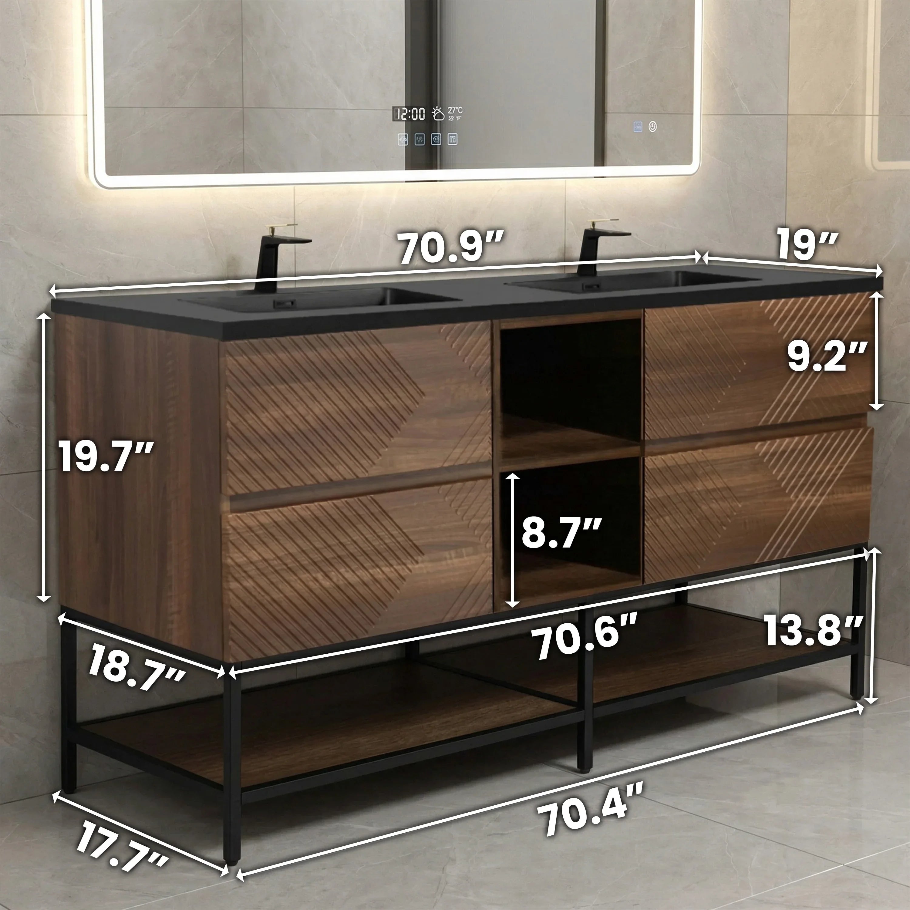 72" Walnut Wall Mount Double Sink Bathroom Vanity with Black Engineered Quartz Countertop