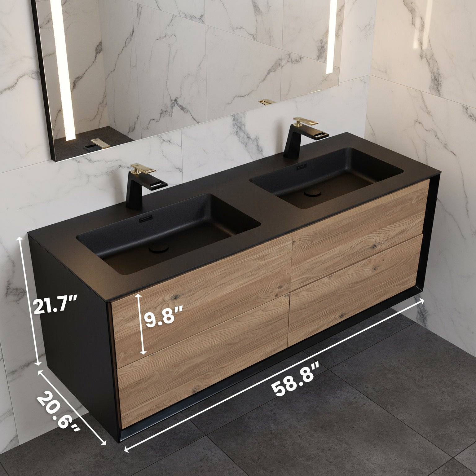 60" Black & Rough Oak Wall Mount Double Sink Bathroom Vanity with Black Engineered Quartz Countertop