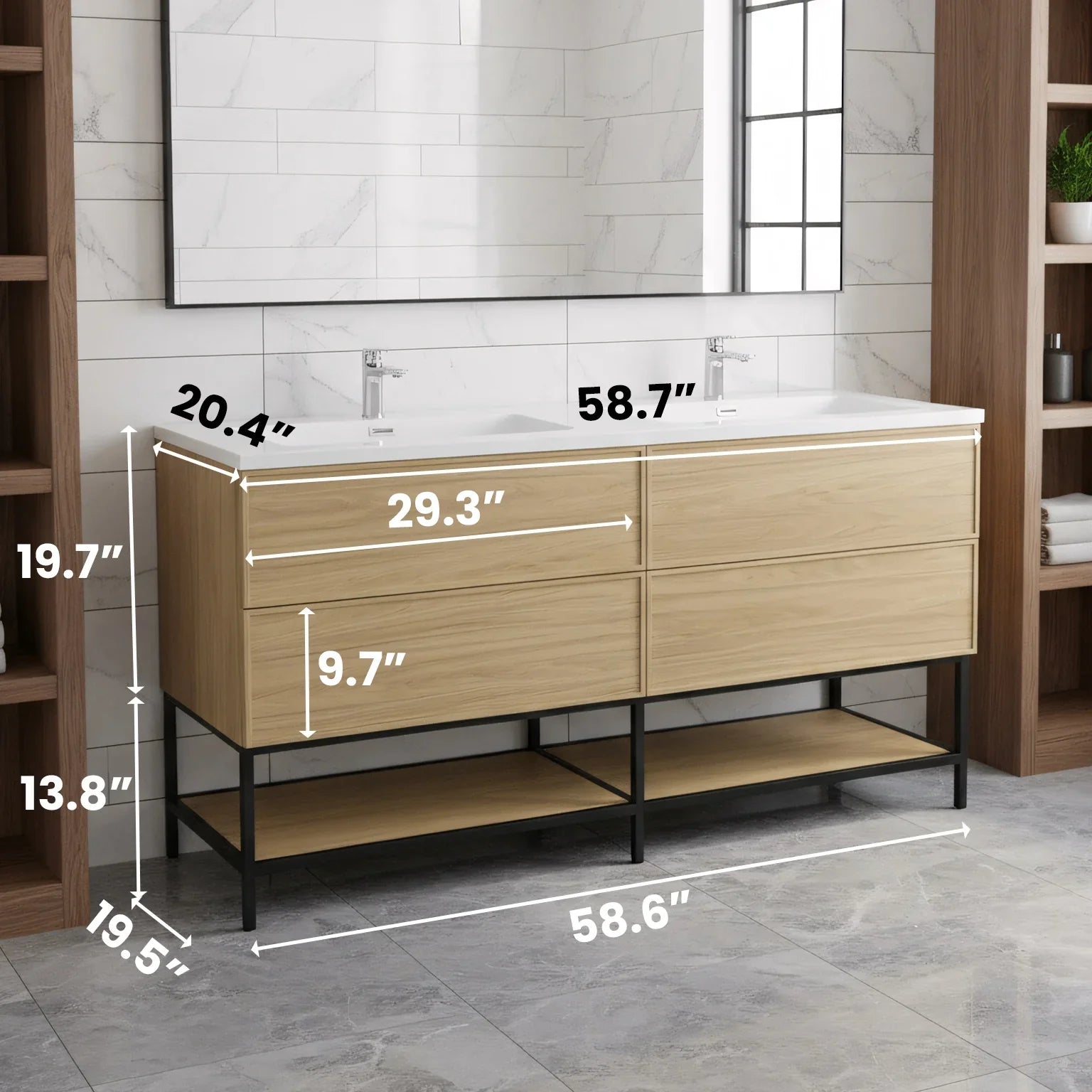 Meuble Lavabo Mural 60 pouces Noyer Couchant Double Vasque avec Comptoir Polymarbre Blanc