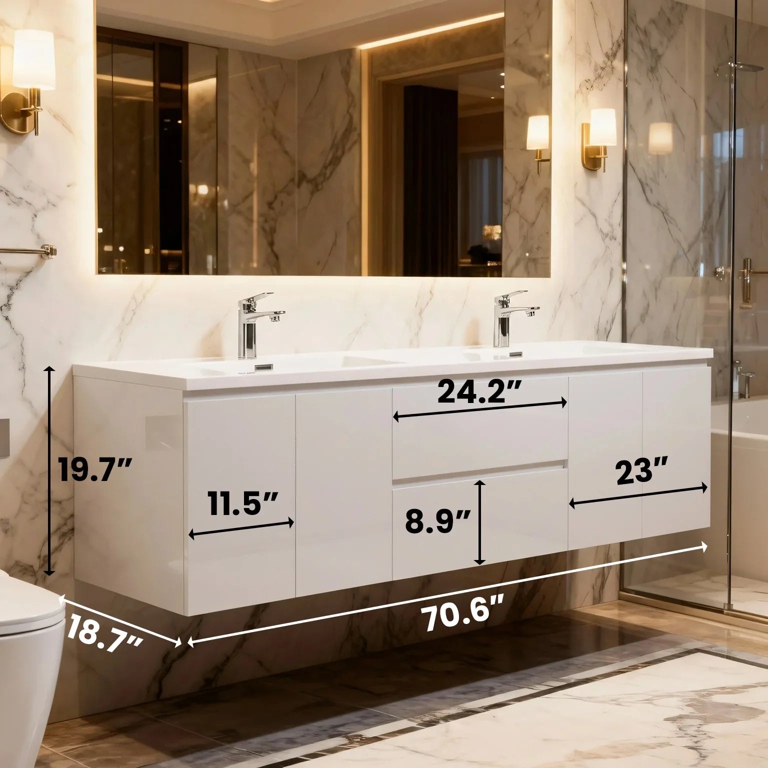 Meuble-Lavabo Mural 72po Blanc avec Comptoir de Polymarbre Blanc