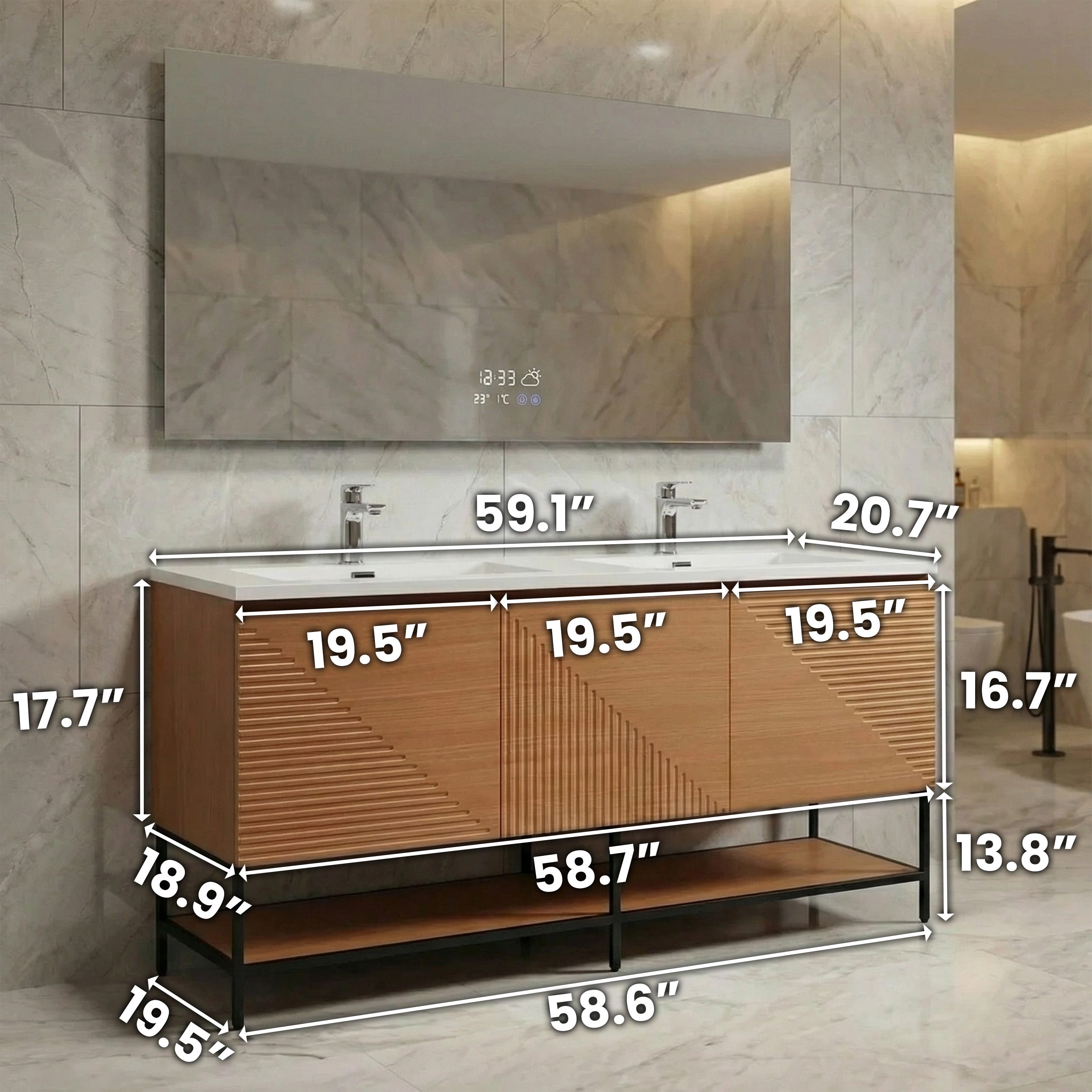 60" Light Oak Wall-Mounted Double Sink Bathroom Vanity with White Polymarble Countertop