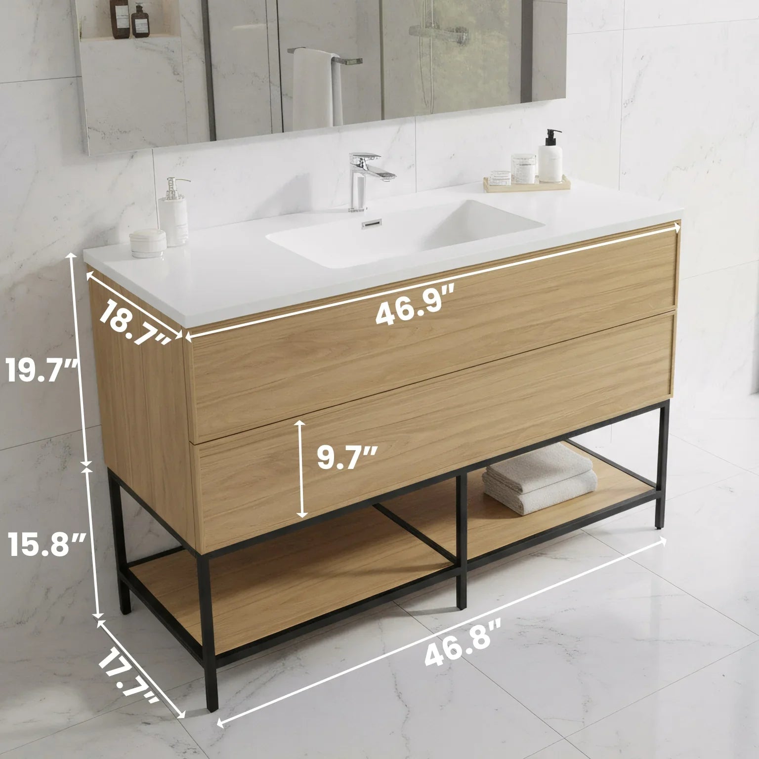 48" Sunset Walnut Wall Mount Vanity with White Polymarble Countertop - Luxe Collection