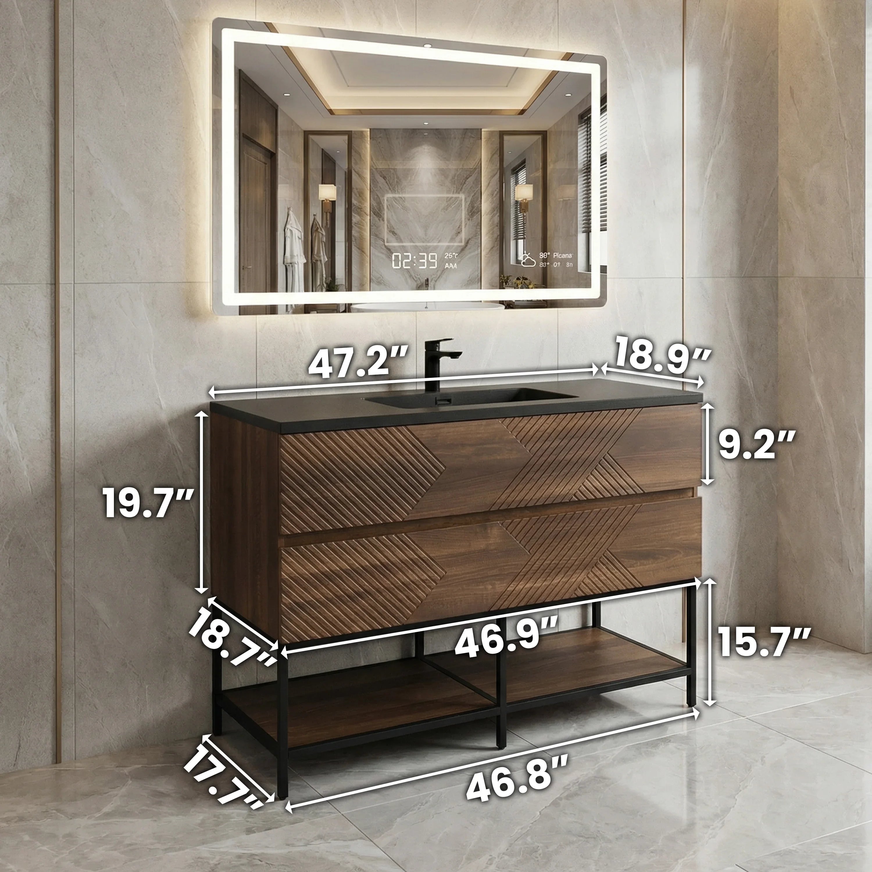 48" Walnut Wall Mount Single Sink Bathroom Vanity with Black Engineered Quartz Countertop