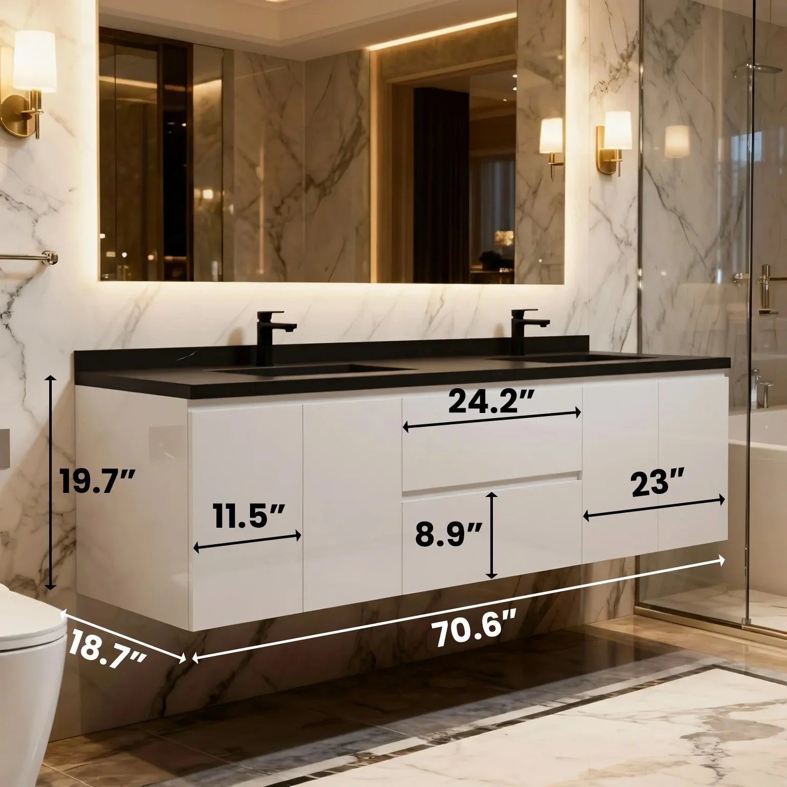 72" White Wall Mount Double Sink Bathroom Vanity with Black Engineered Quartz Countertop