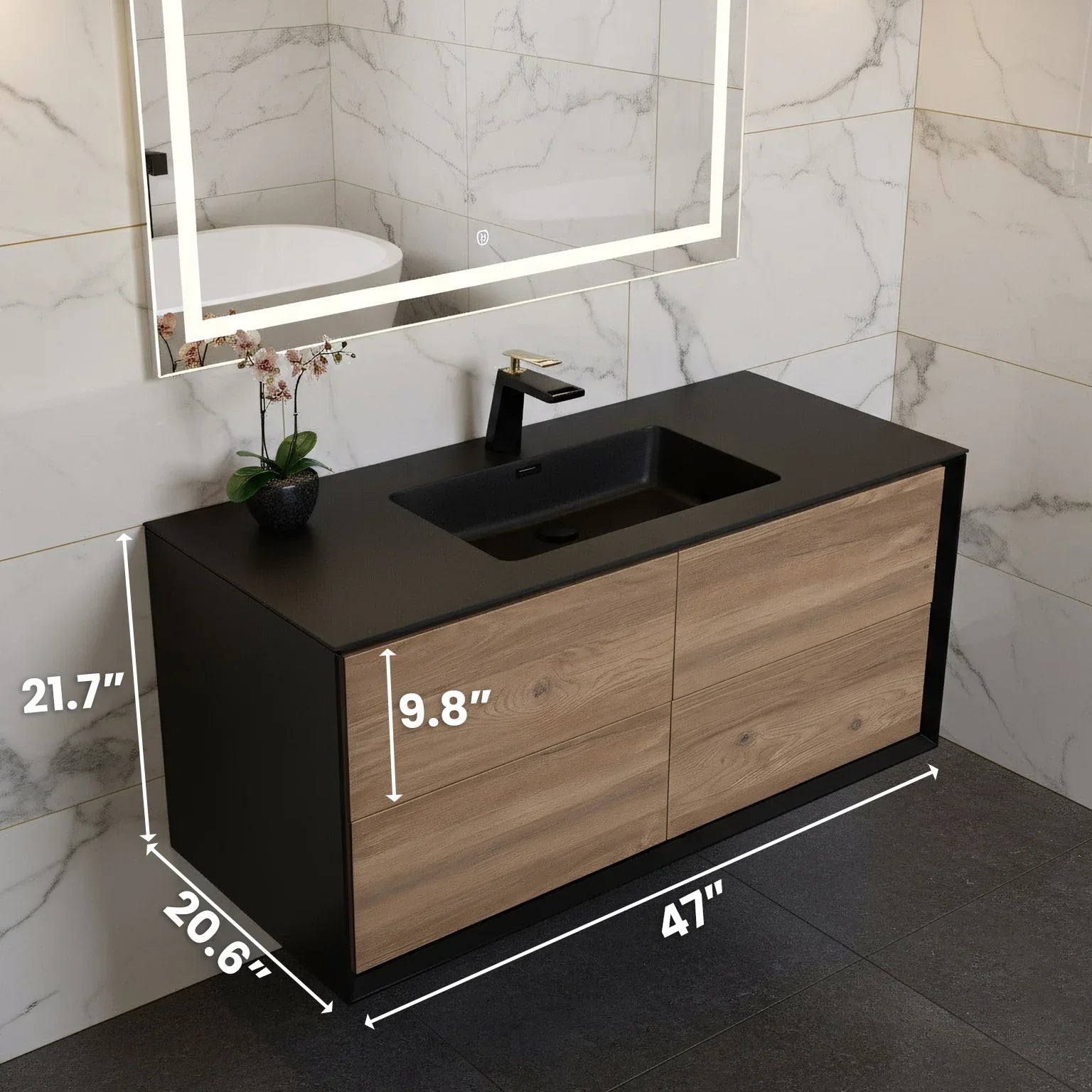 Meuble-Lavabo Mural 48po Noir et Chêne Brut avec Comptoir de Quartz d'ingénierie Noir 