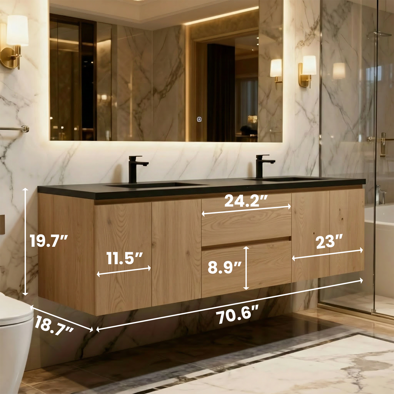 72" Rough Oak Wall Mount Double Sink Bathroom Vanity with Black Quartz Countertop