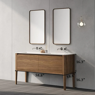 Meuble-Lavabo Mural 60po Noyer avec Comptoir de Surface solide Blanc Mat