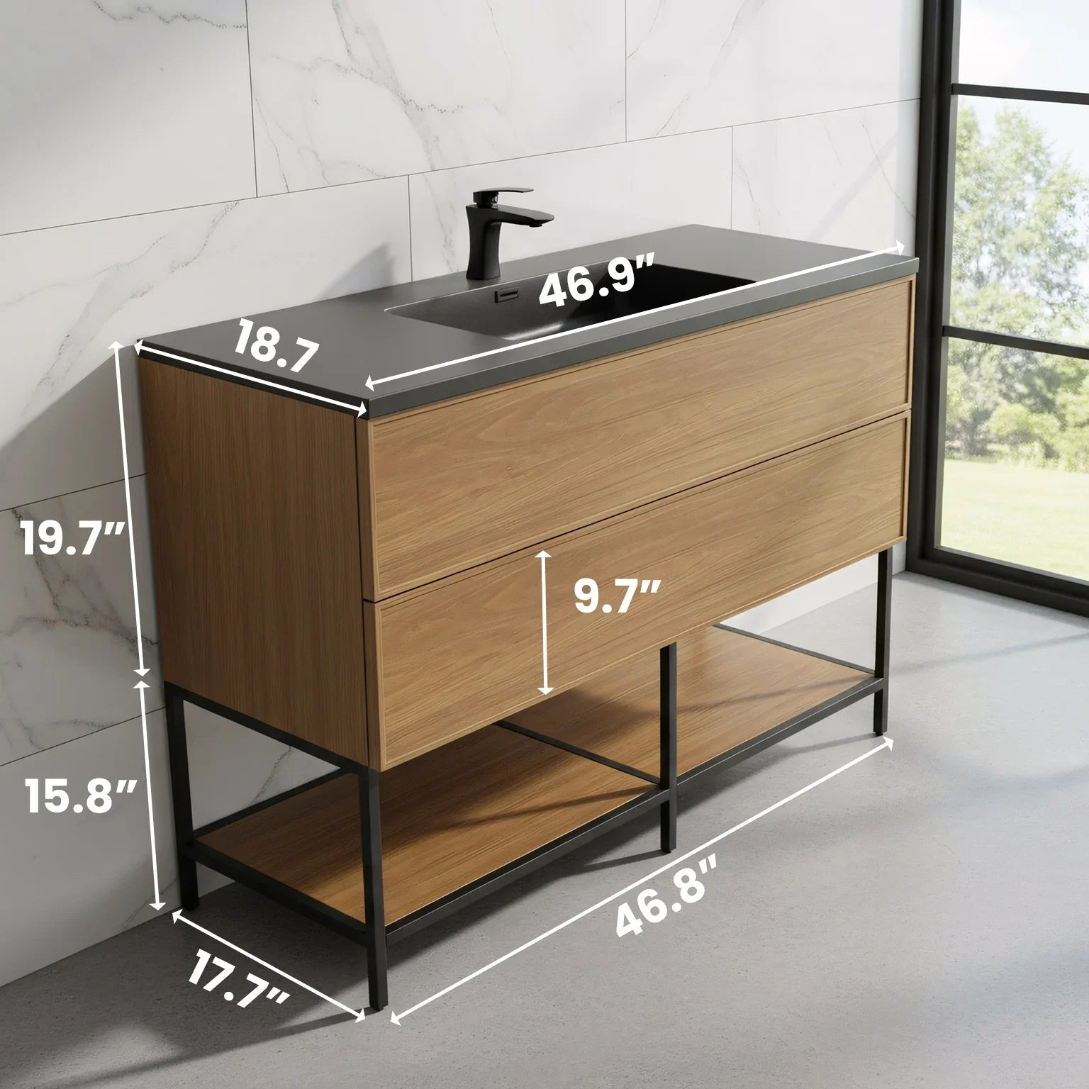 48 Inch Honey Gold Walnut Wall Mounted Bathroom Vanity with Black Engineered Quartz Countertop