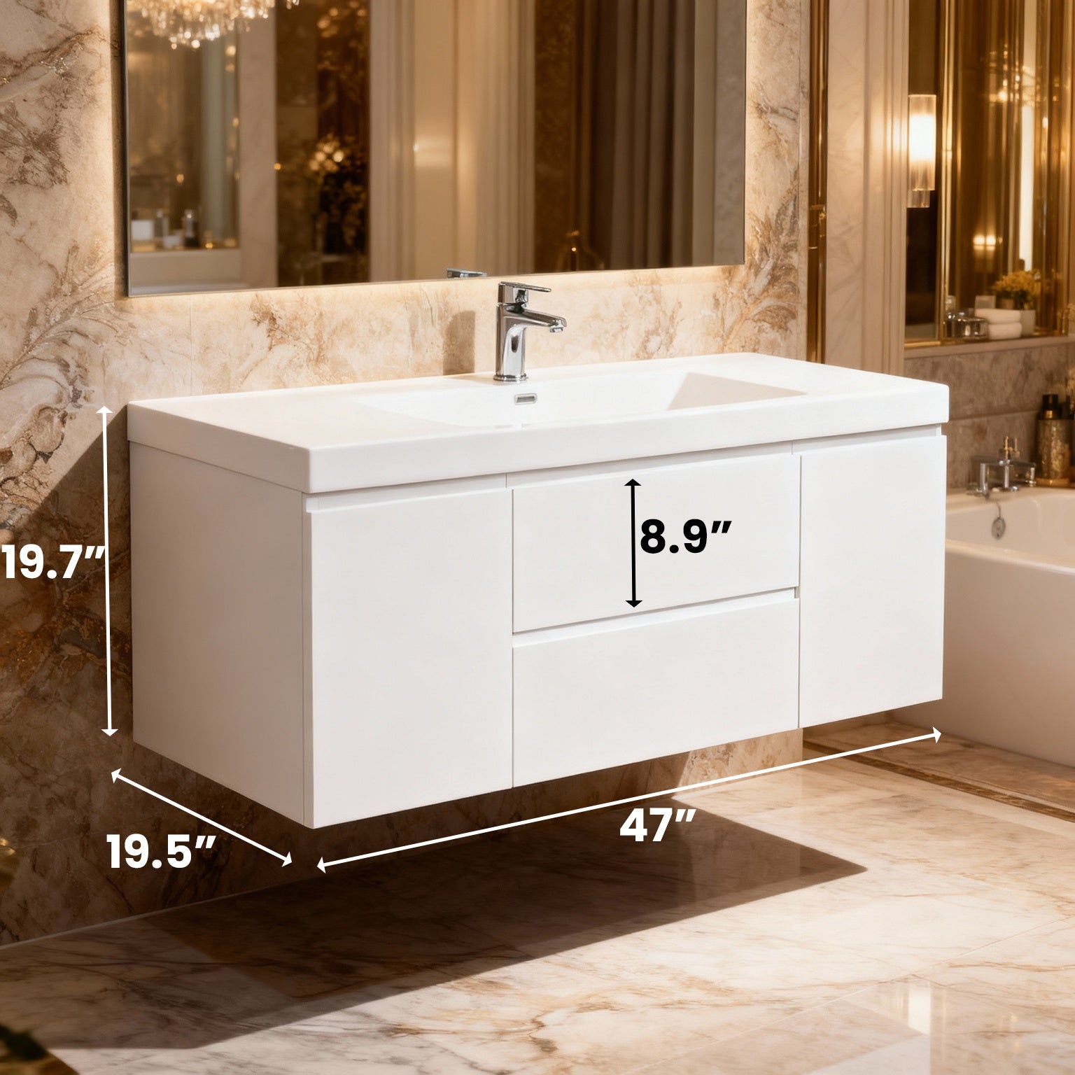 48" Glossy White Wall Mount Single Sink Bathroom Vanity with White Polymarble Countertop