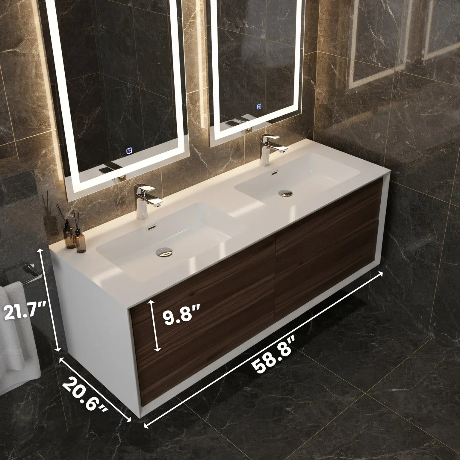 60" Walnut Wall Mount Double Sink Bathroom Vanity with White Polymarble Countertop Fleur