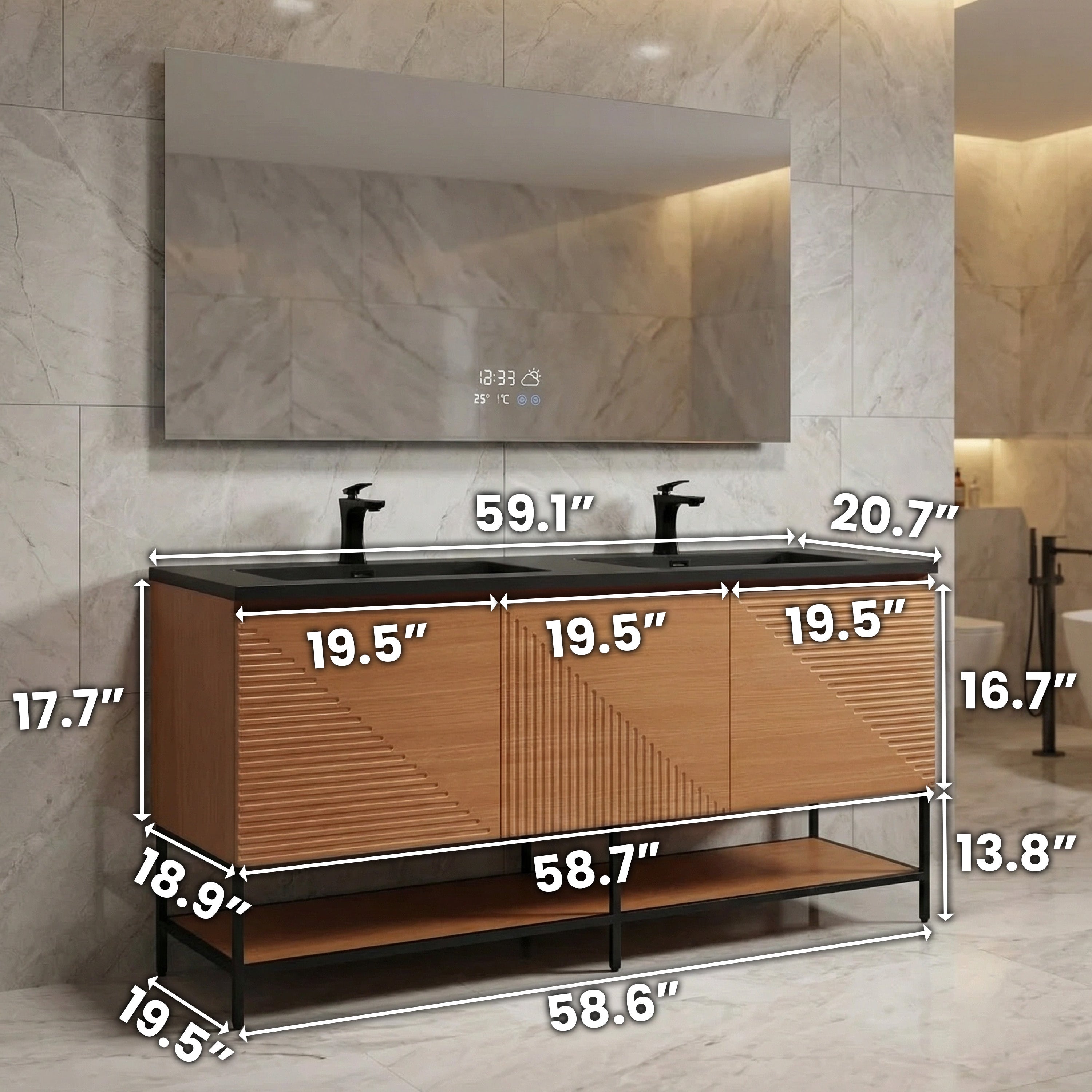 60" Light Oak Wall-Mounted Double Sink Bathroom Vanity with Black Engineered Quartz Countertop
