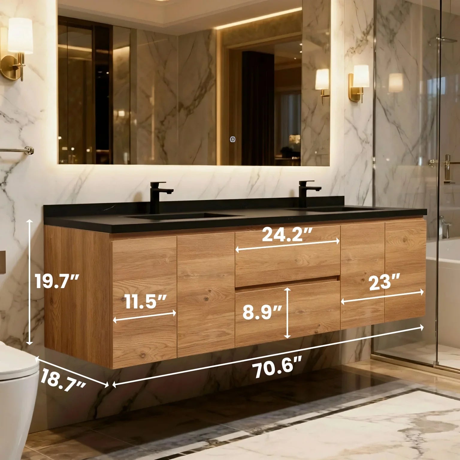 72" Rough Oak Wall Mount Double Sink Bathroom Vanity with Black Quartz Countertop