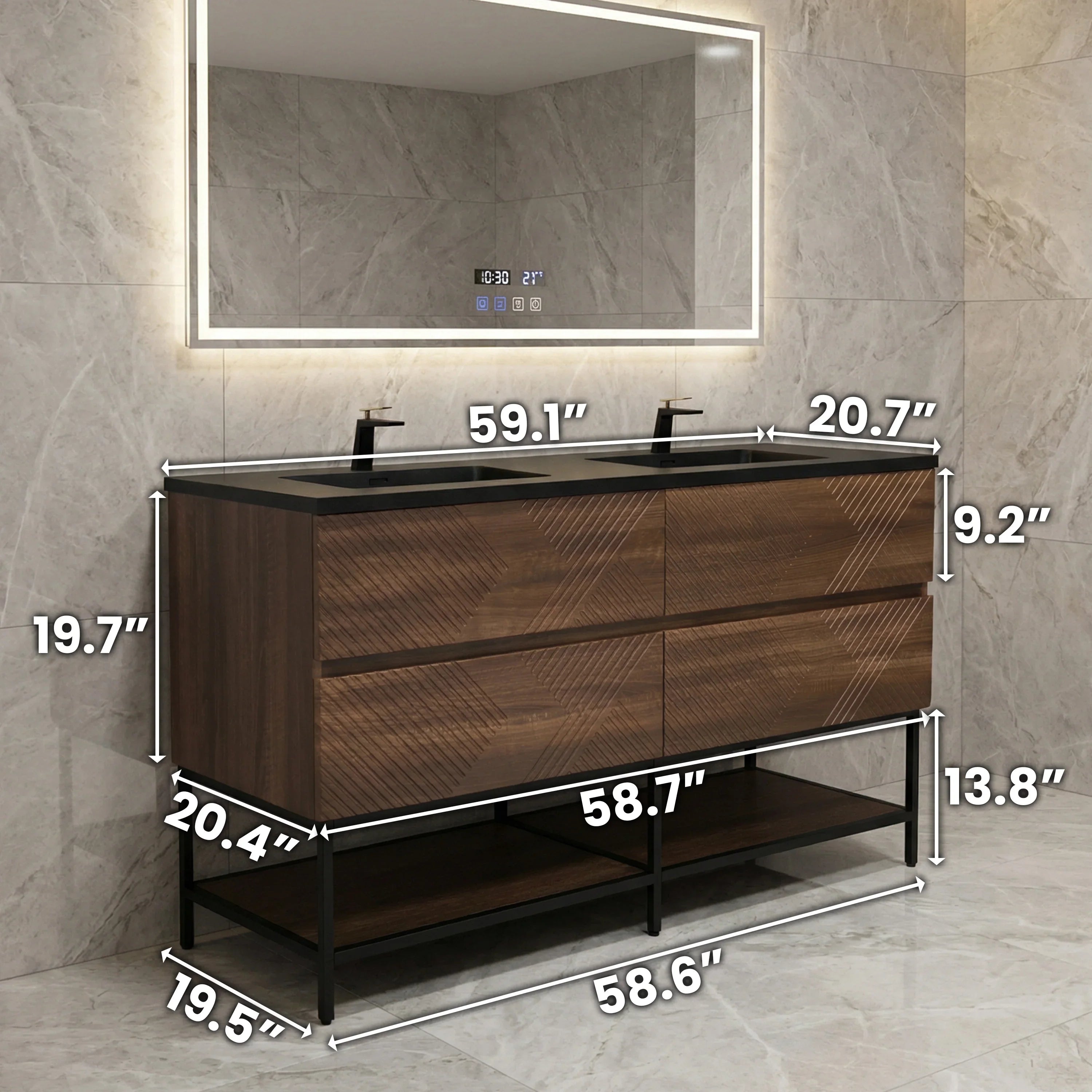 60" Walnut Wall Mount Double Sink Bathroom Vanity with Black Engineered Quartz Countertop