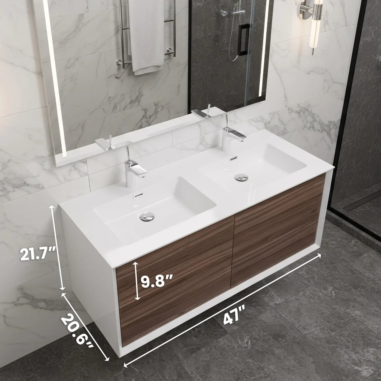 48" Walnut Wall Mount Double Sink Bathroom Vanity with White Polymarble Countertop