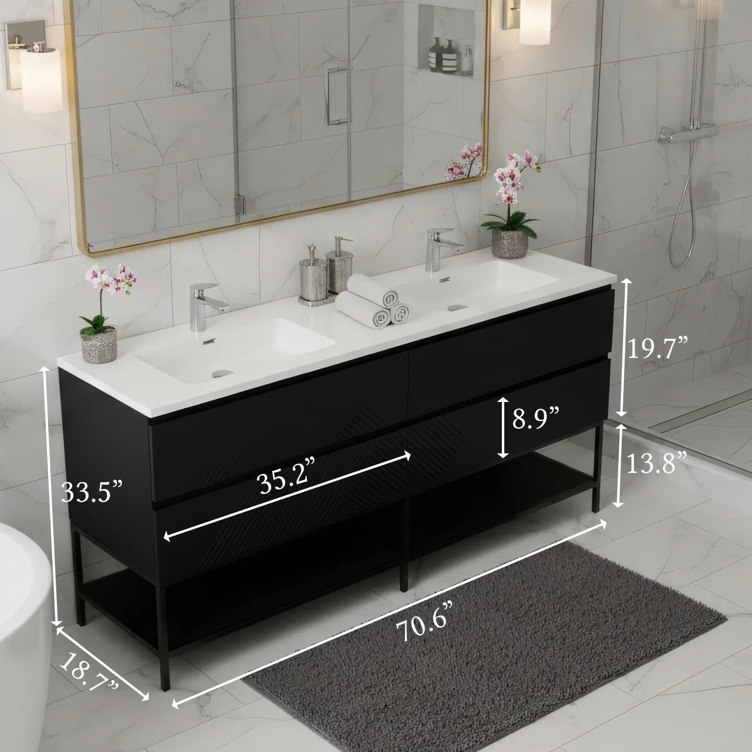 Meuble-lavabo double noir de 72" à fixer au mur avec Comptoir en polymarbre blanc