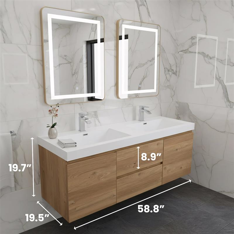 60" Rough Oak Wall Mount Double Sink Bathroom Vanity with White Polymarble Countertop