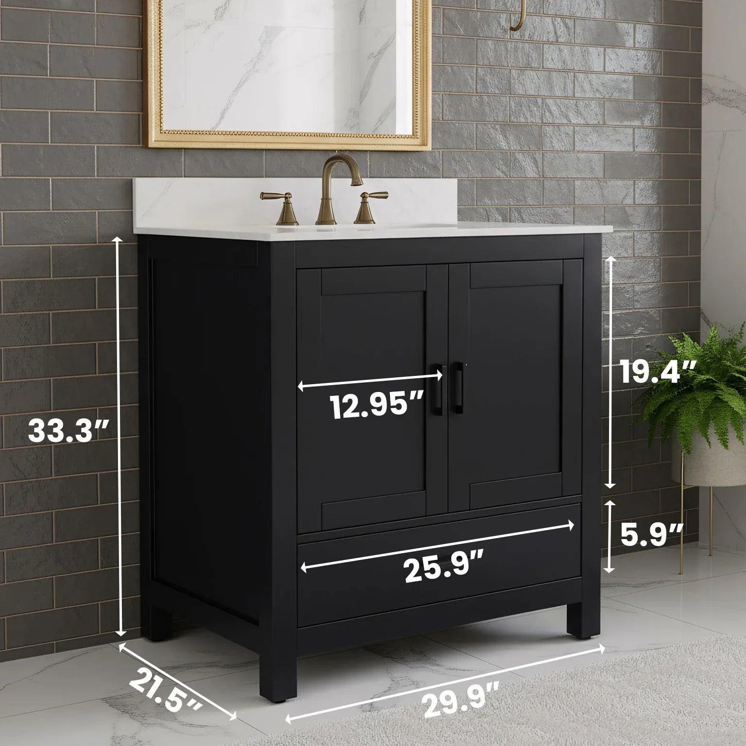 Meuble-lavabo autoportant noir 30" avec Comptoir en marbre Calcutta reconstitué