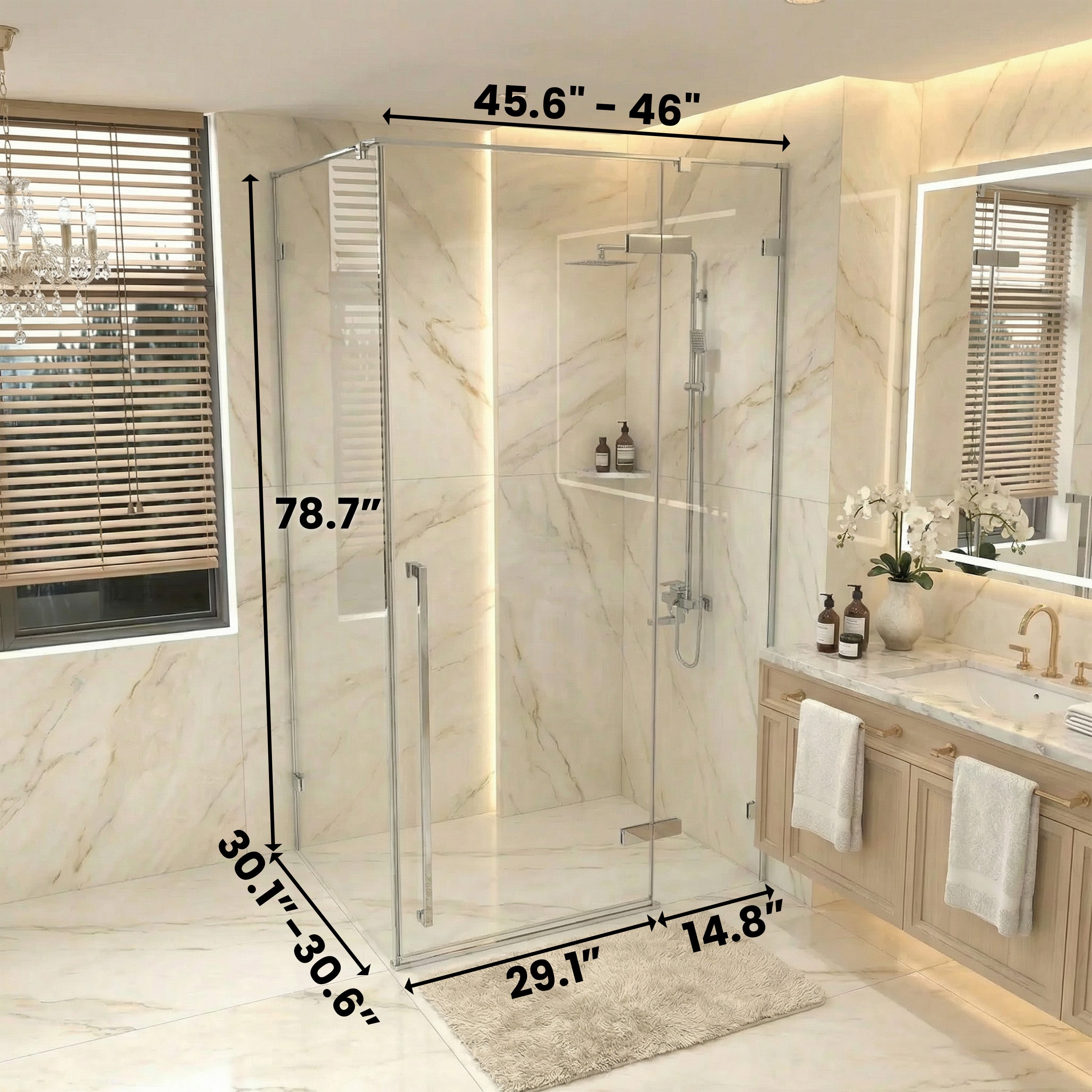 45.6"–46" W (Adjustable Width) x 79" H Frameless Reversible Pivot Shower Door in Chrome with 30.2"–30.5" Side Panel - Clear Glass