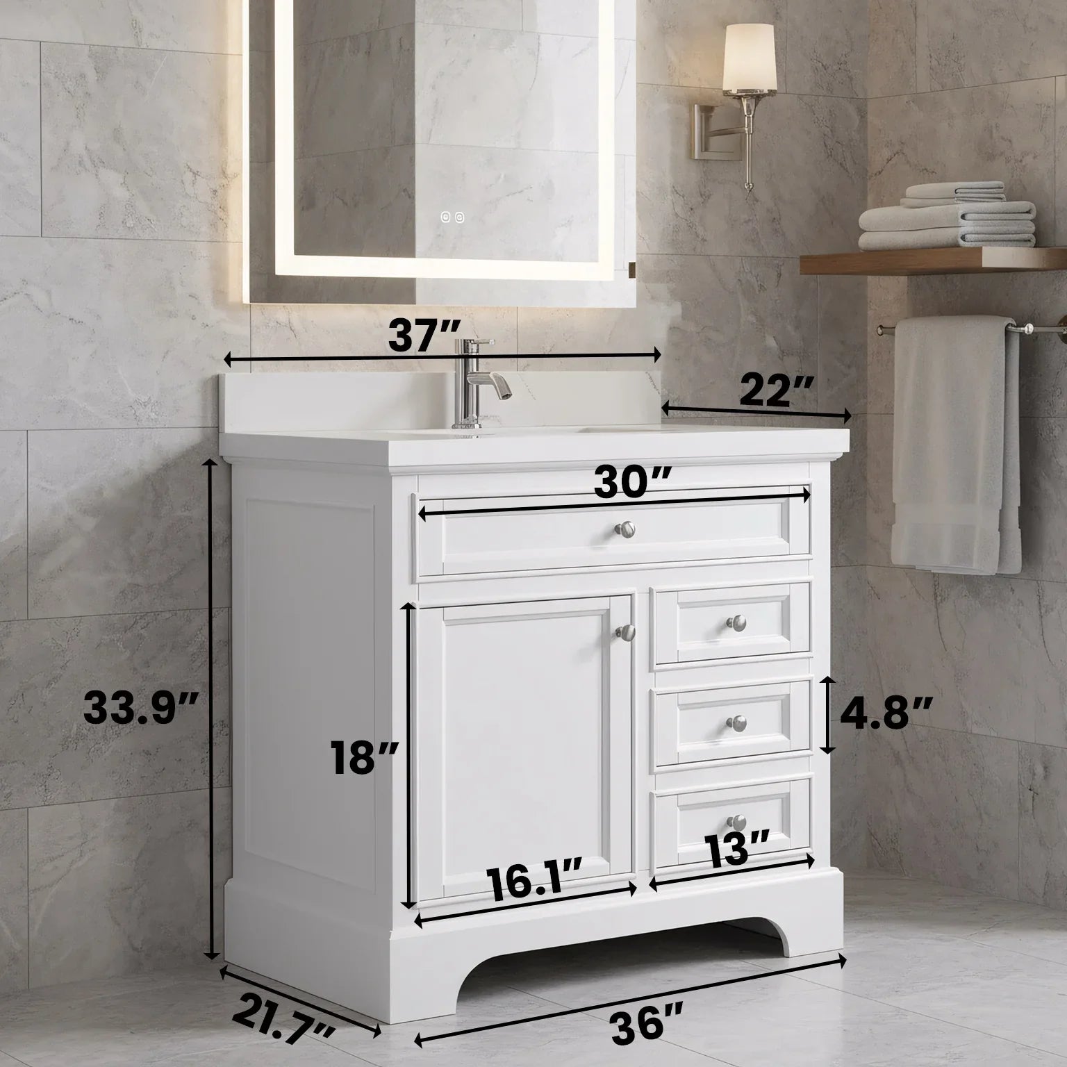 36" White Freestanding Bathroom Vanity with Engineered Calcutta Marble Countertop