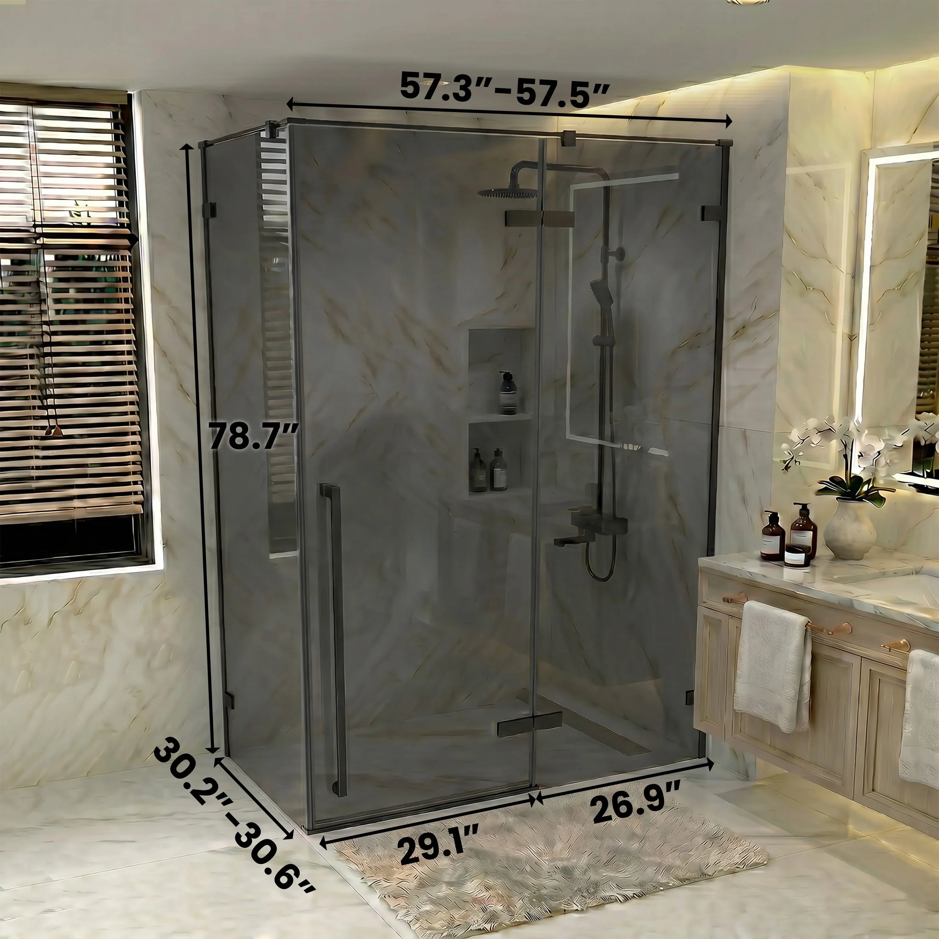 60" Reversible Matte Black Pivot Shower Door with Black Tinted Glass & 32" Side Panel