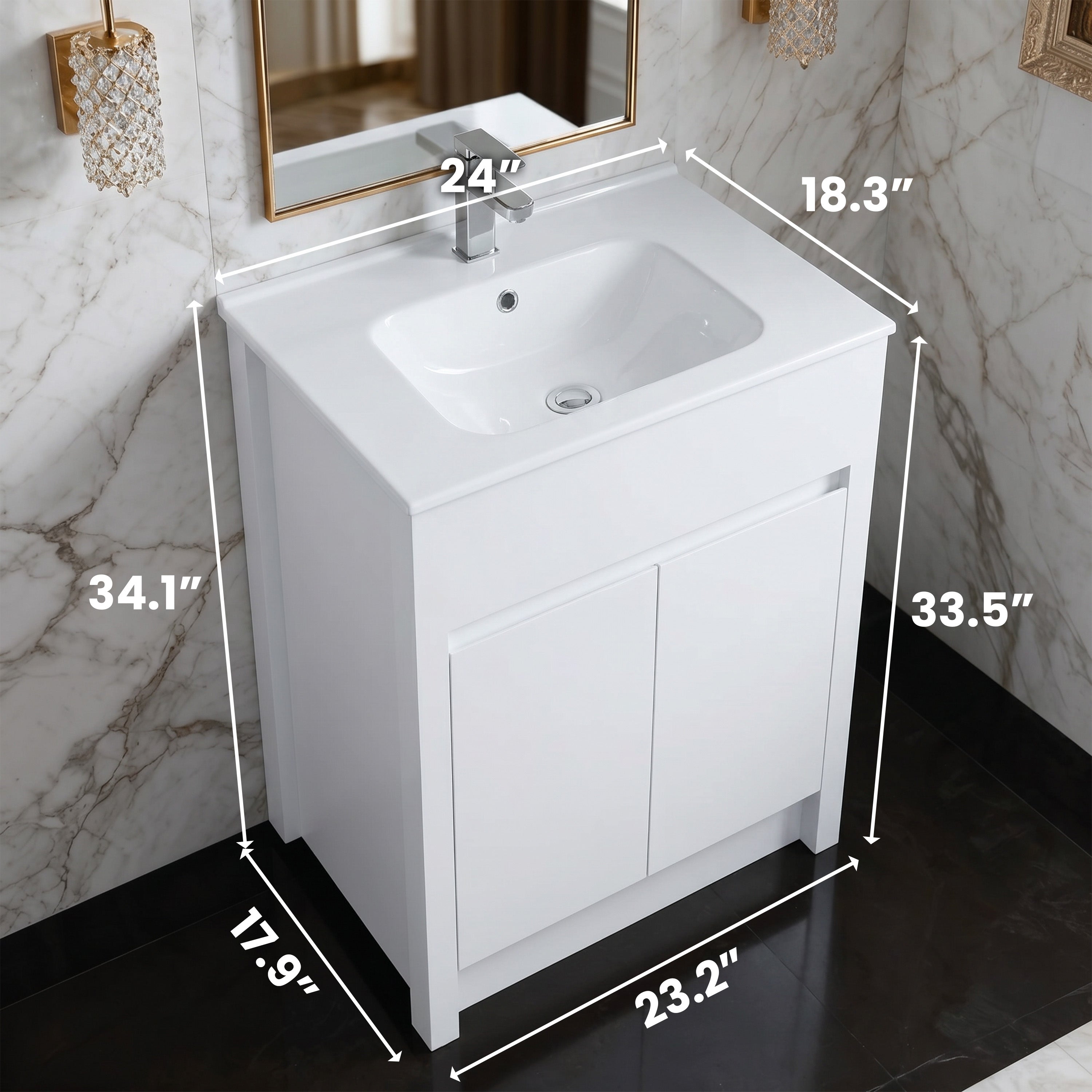 24" Matte White Freestanding Bathroom Vanity with White Ceramic Countertop