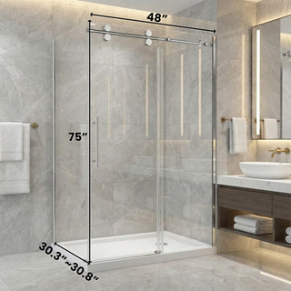 Porte de douche coulissante réversible chromée 48 po x 32 po x 75 po - Verre 10 mm, installation sur deux murs avec panneau latéral de 32 po.