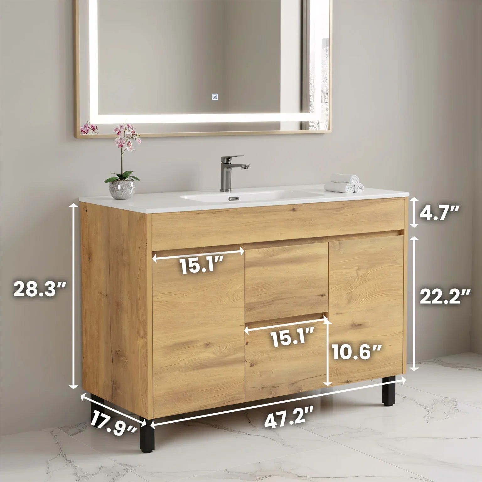 Meuble-Lavabo Autoportant 48 po Chêne Givré avec Comptoir de Céramique Blanc