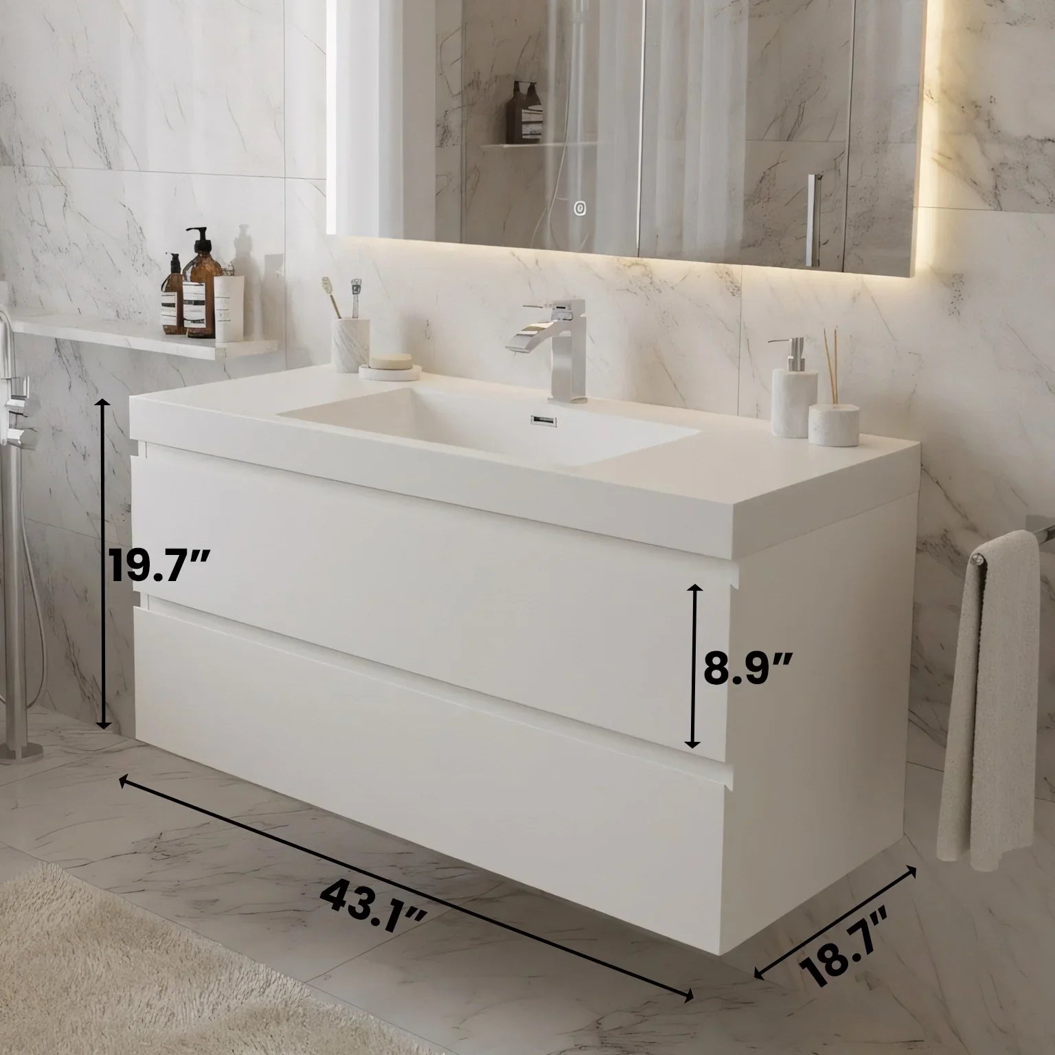 Meuble-Lavabo Mural 42po Blanc Brillant avec Comptoir de Polymarbre Blanc 
