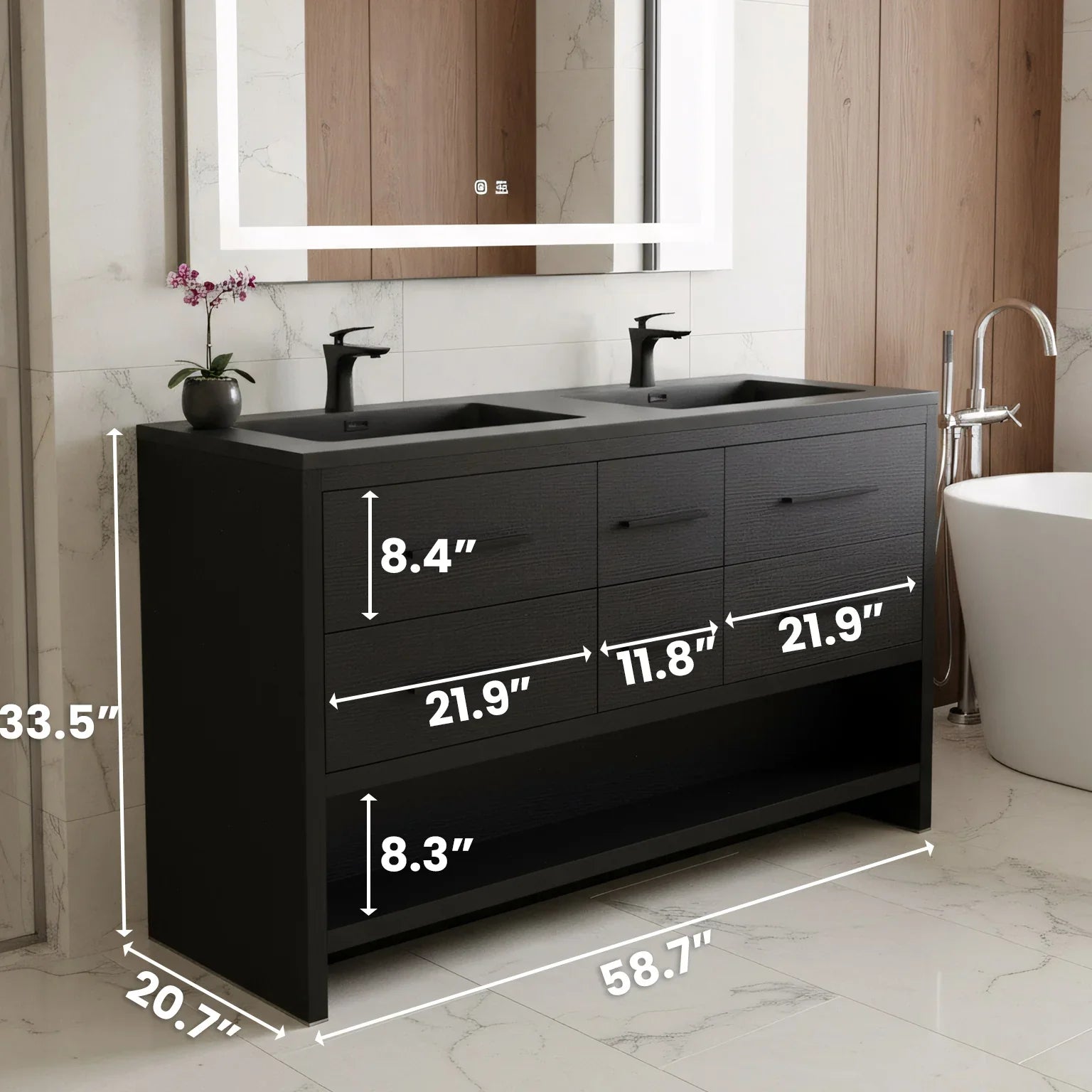 60" Black Oak Freestanding Double Sink Bathroom Vanity with Black Engineered Quartz Countertop