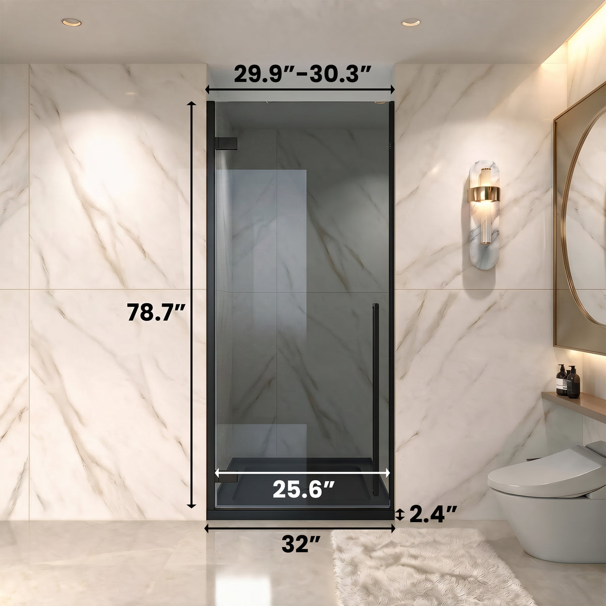 29,9po–30,3po L (largeur ajustable) x 79po H Porte de douche pivotante réversible sans cadre en noir mat avec verre teinté noir et base acrylique noire brillante 32po