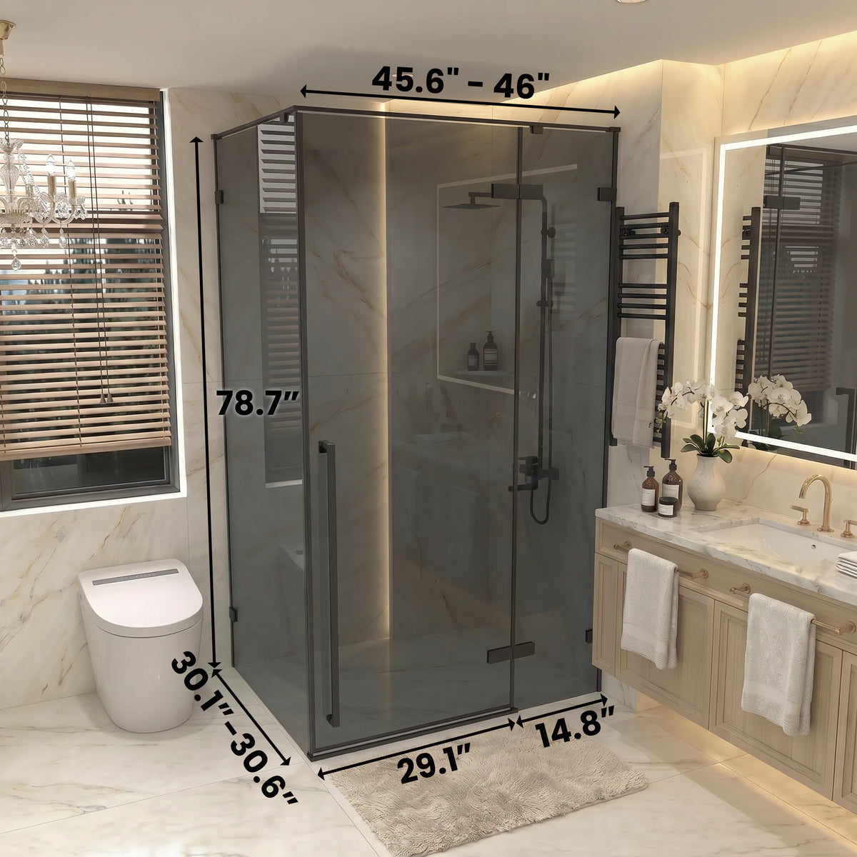 45.6"–46" W (Adjustable Width) x 79" H Frameless Reversible Pivot Shower Door in Matte Black with 30.2"–30.5" Side Panel – Black Tinted Glass