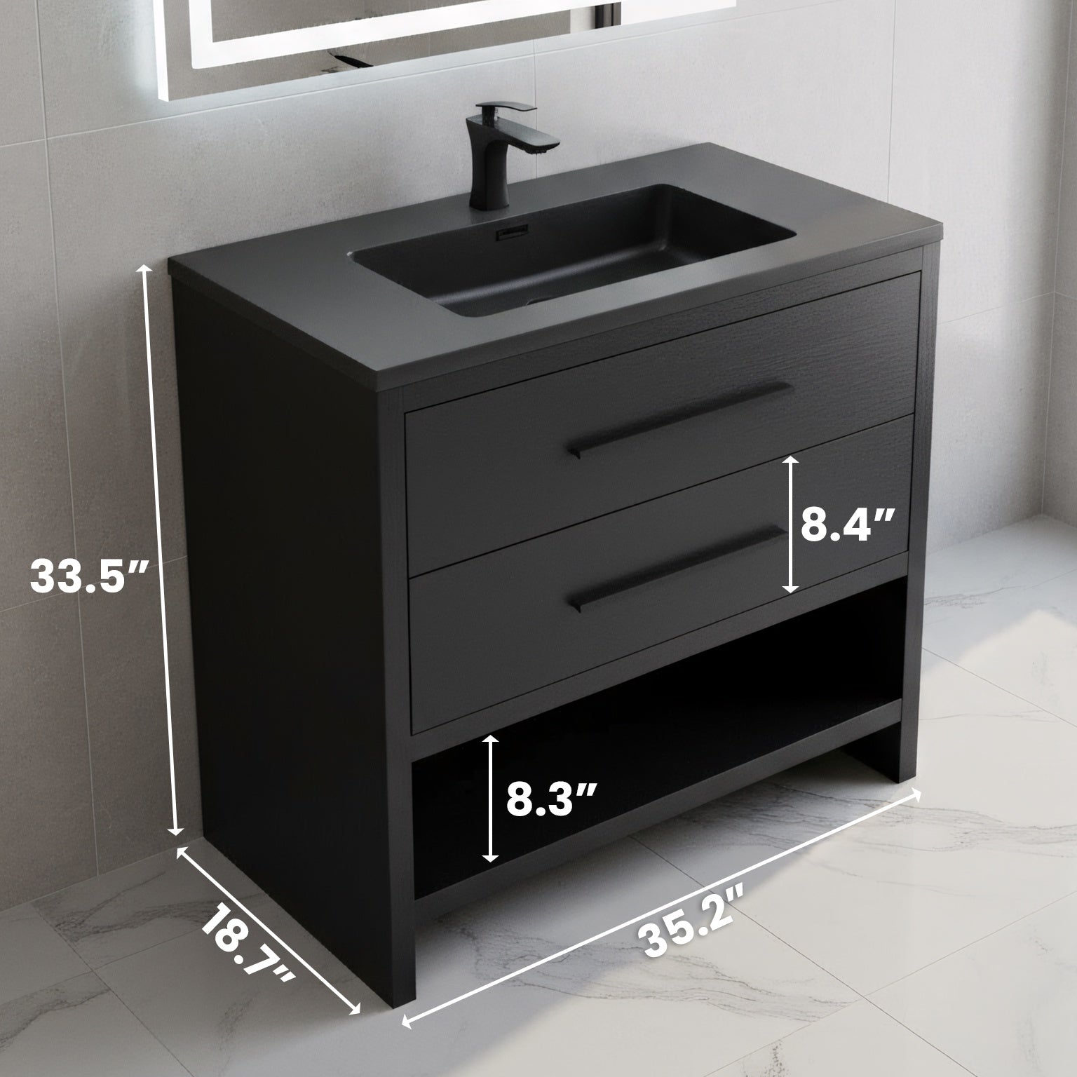 36" Black Rough Oak Freestanding Bathroom Vanity with Black Engineered Quartz Countertop