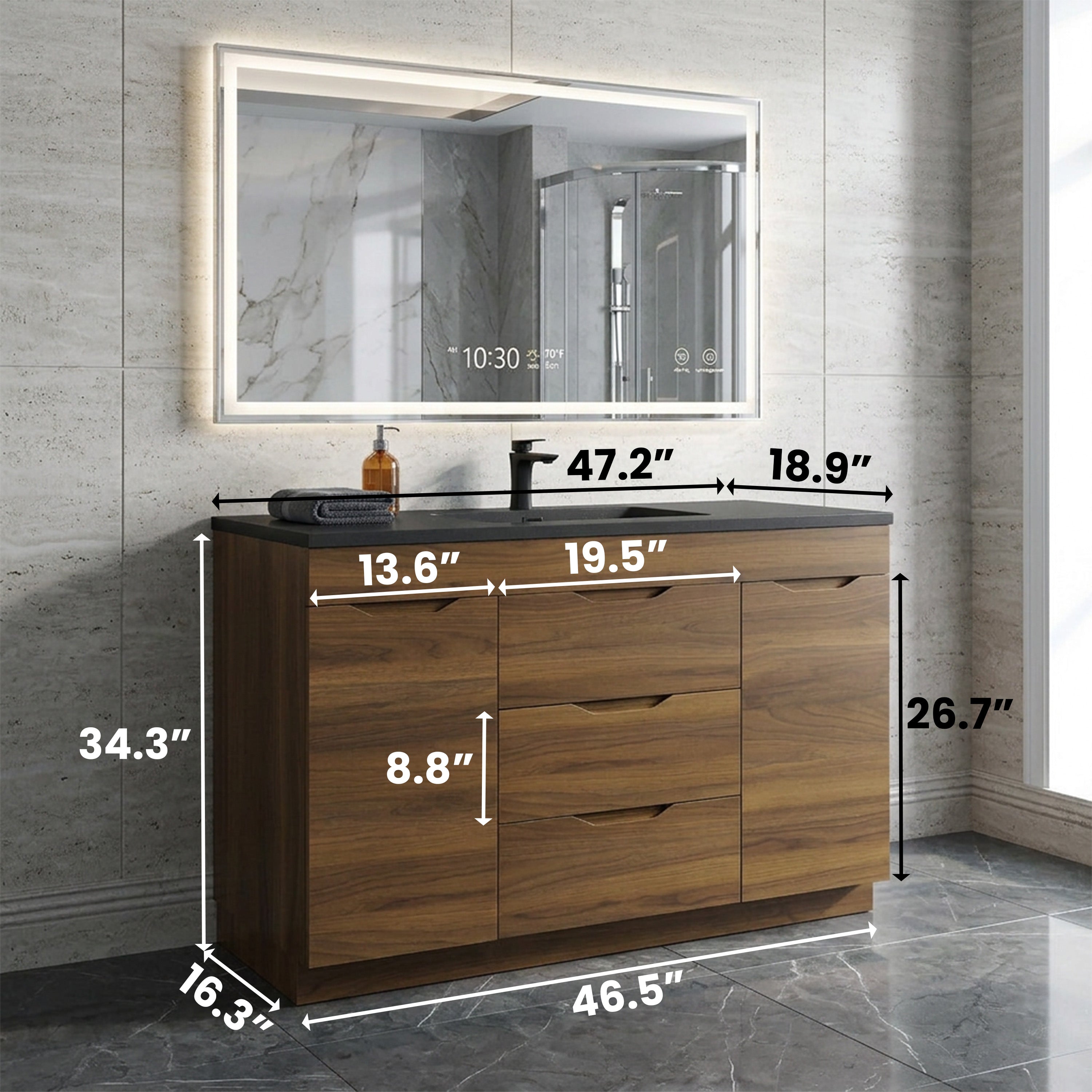 Meuble Lavabo Autoportant Noyer 48 Pouces avec Comptoir Quartz Noir - Collection Augusta