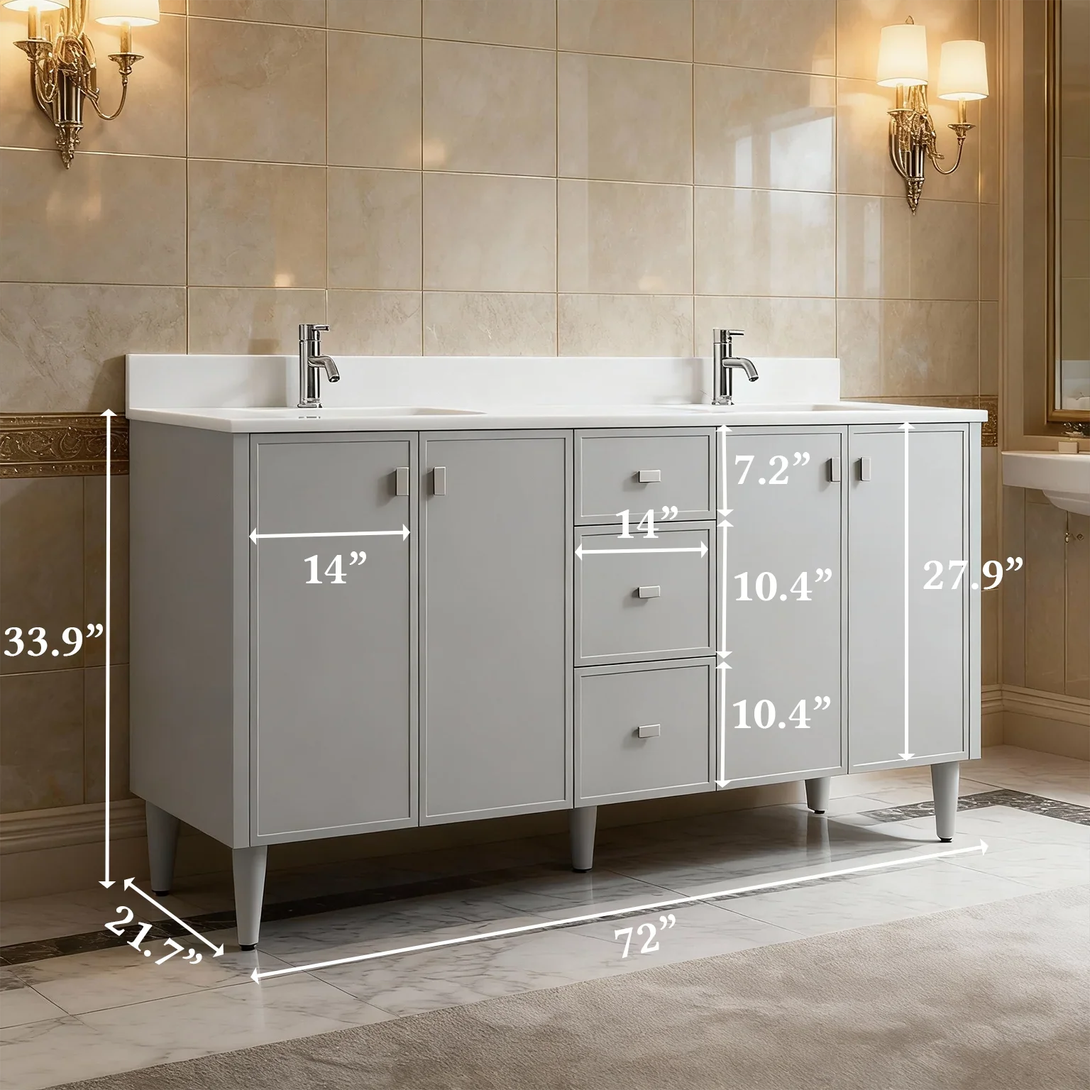 72" Hampton Grey Freestanding Double Sink Bathroom Vanity with White Quartz Countertop