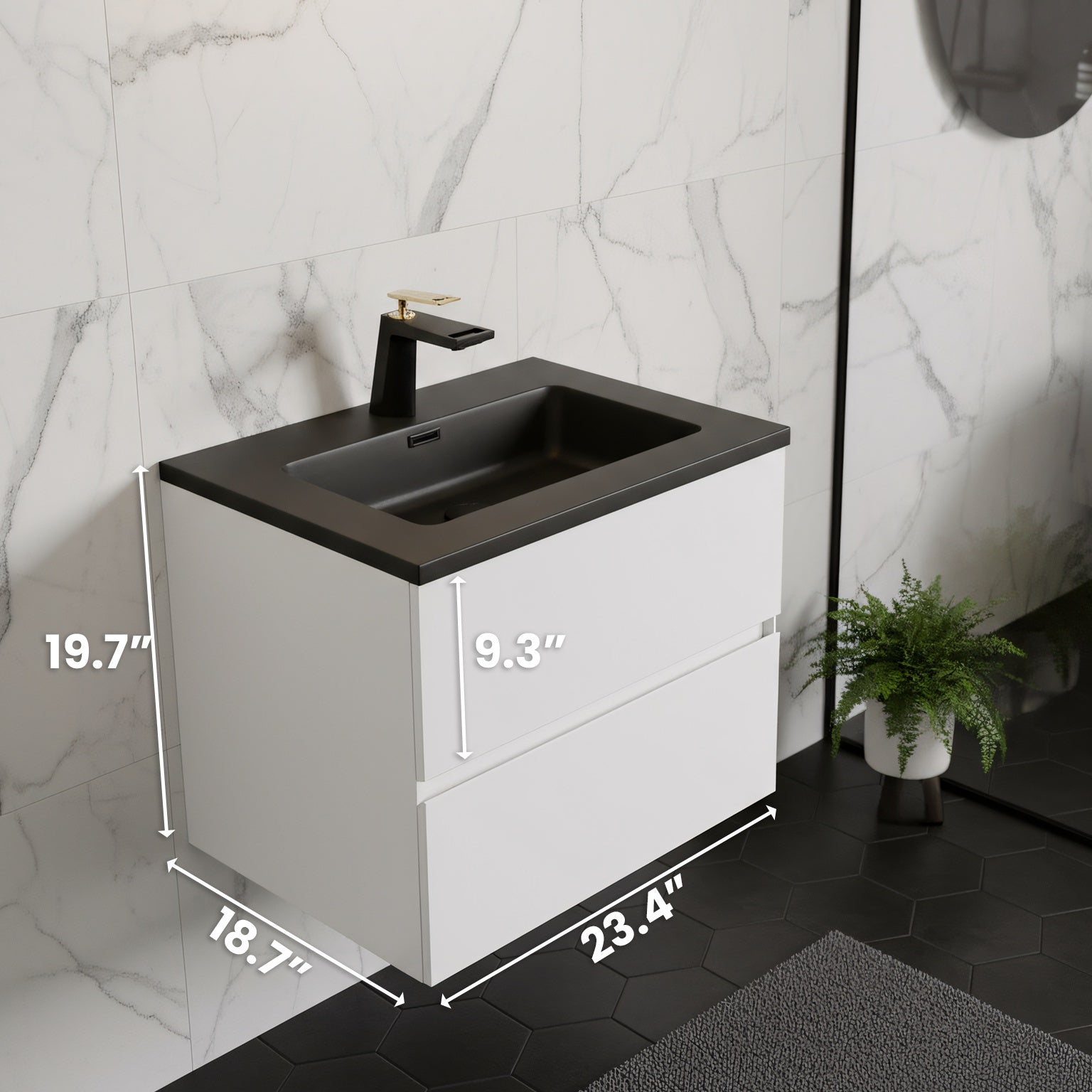 24" White Wall Mount Bathroom Vanity with Black Engineered Quartz Countertop