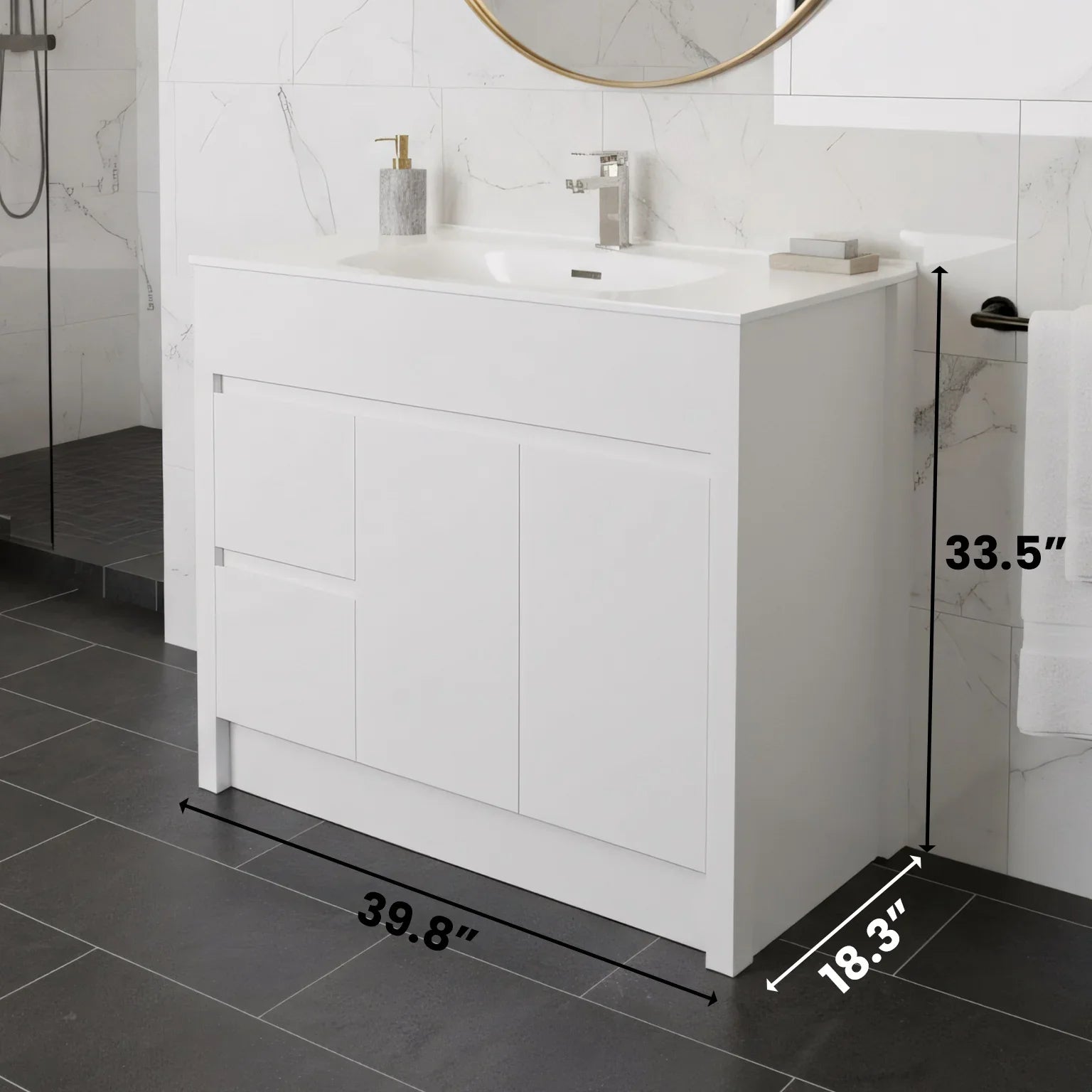 Meuble-Lavabo Autoportant 40po Blanc Mat avec Comptoir de Céramique Blanc