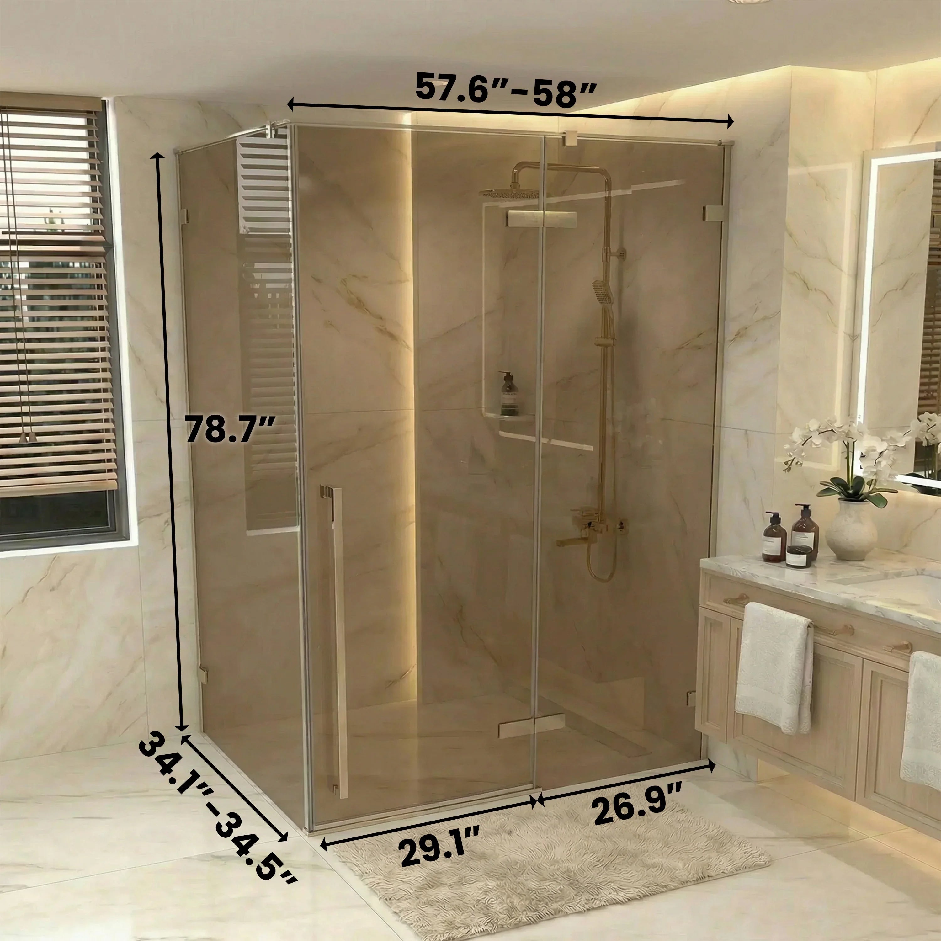 60" x 79" Reversible Fixed/Pivot Shower door Brushed Gold with Brown Tinted Glass and 36" x 79" Side Shower Panel