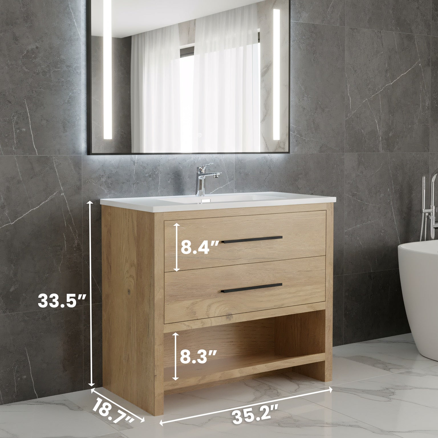 36" Rough Oak Freestanding Bathroom Vanity with White Polymarble Countertop