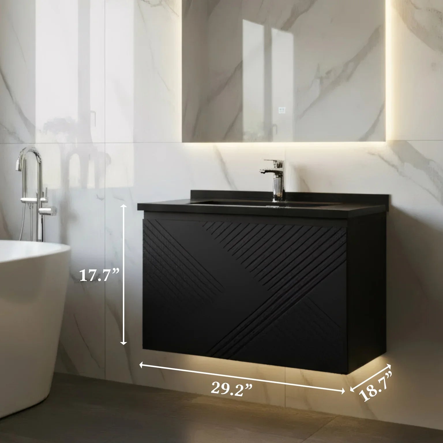 36" Black Wall Mount Bathroom Vanity with Black Engineered Quartz Countertop Roxboro