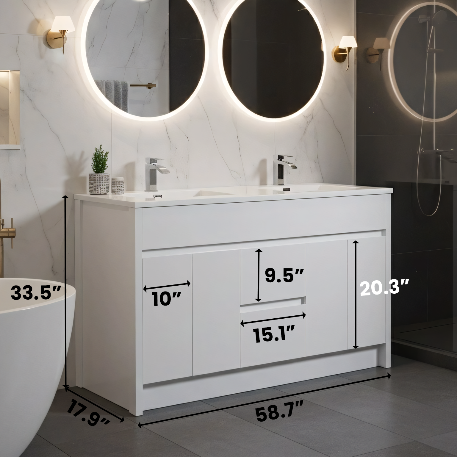 Meuble-Lavabo Autoportant 60po Blanc Mat avec Comptoir de Polymarbre Blanc