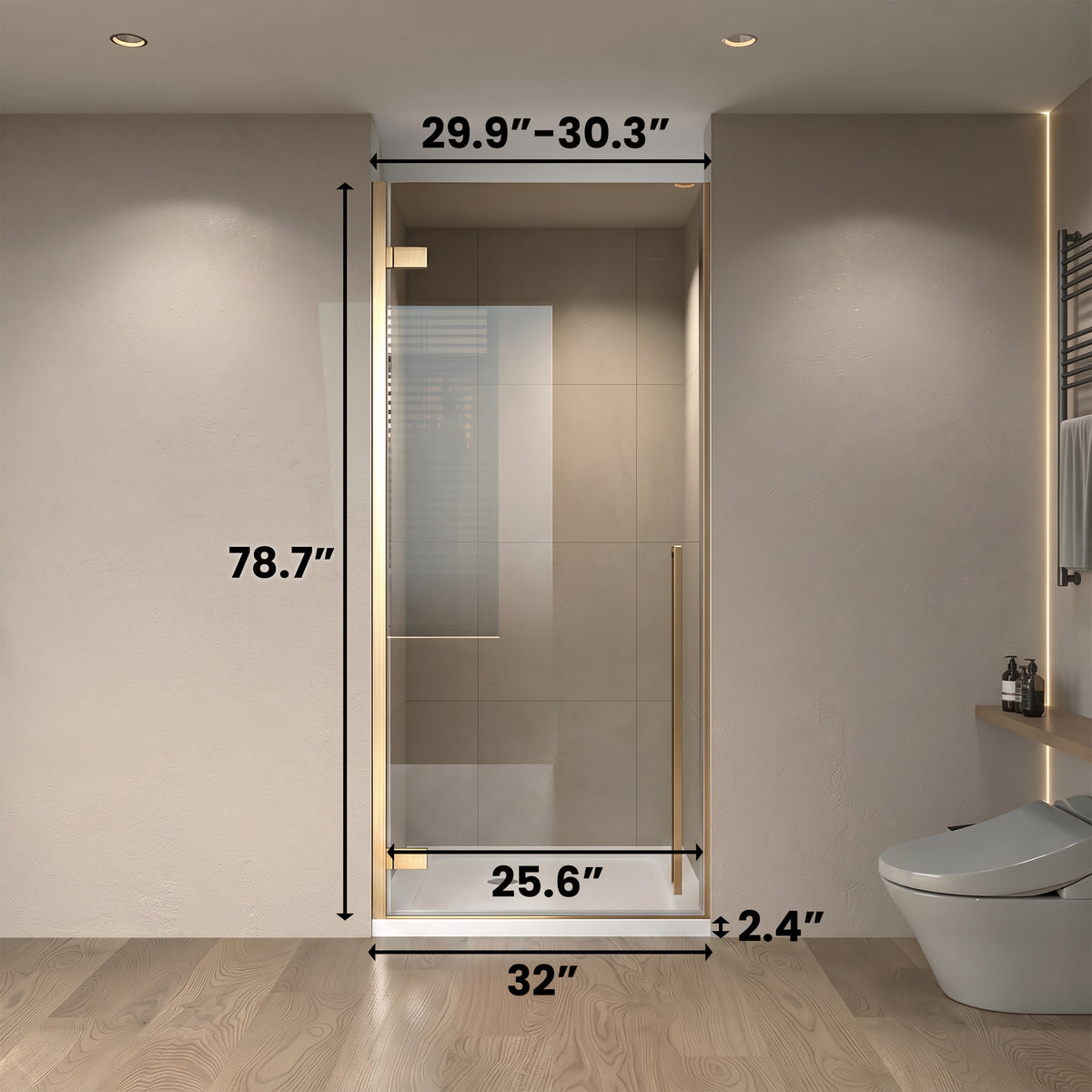 29,9po–30,3po L (largeur ajustable) x 79po H Porte de douche pivotante réversible sans cadre en or brossé avec verre teinté brun et base blanche 32po